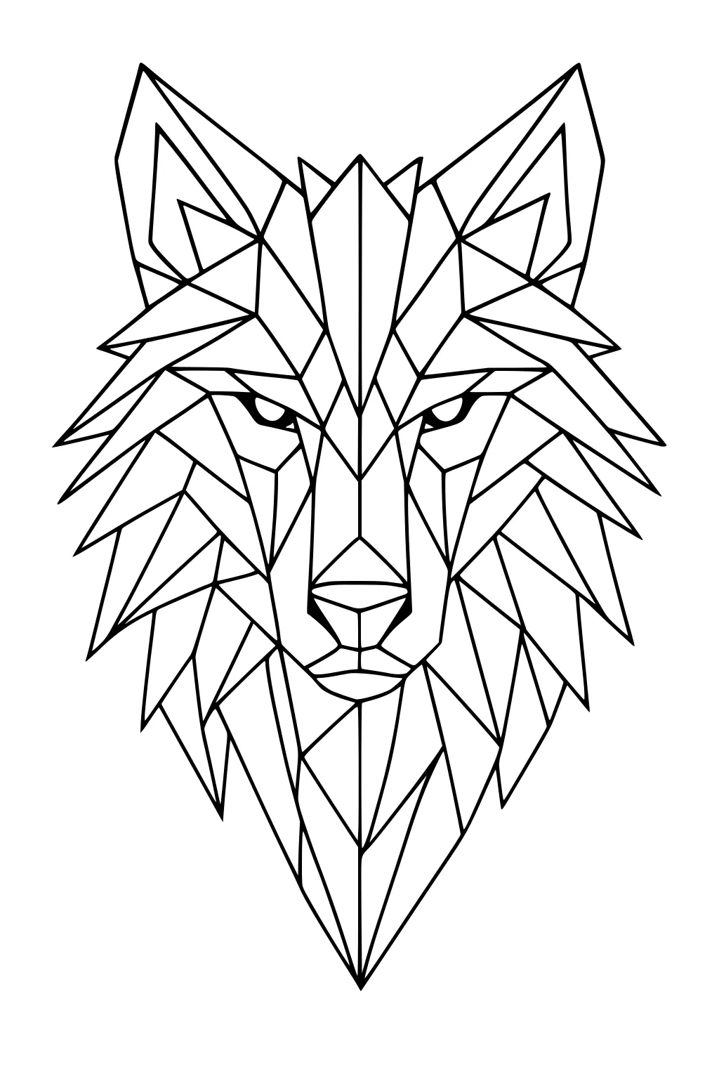 Geometric wolf head made of triangles, bold black outlines, pointed ears, calm eyes, spiky ruff, centered on white background.