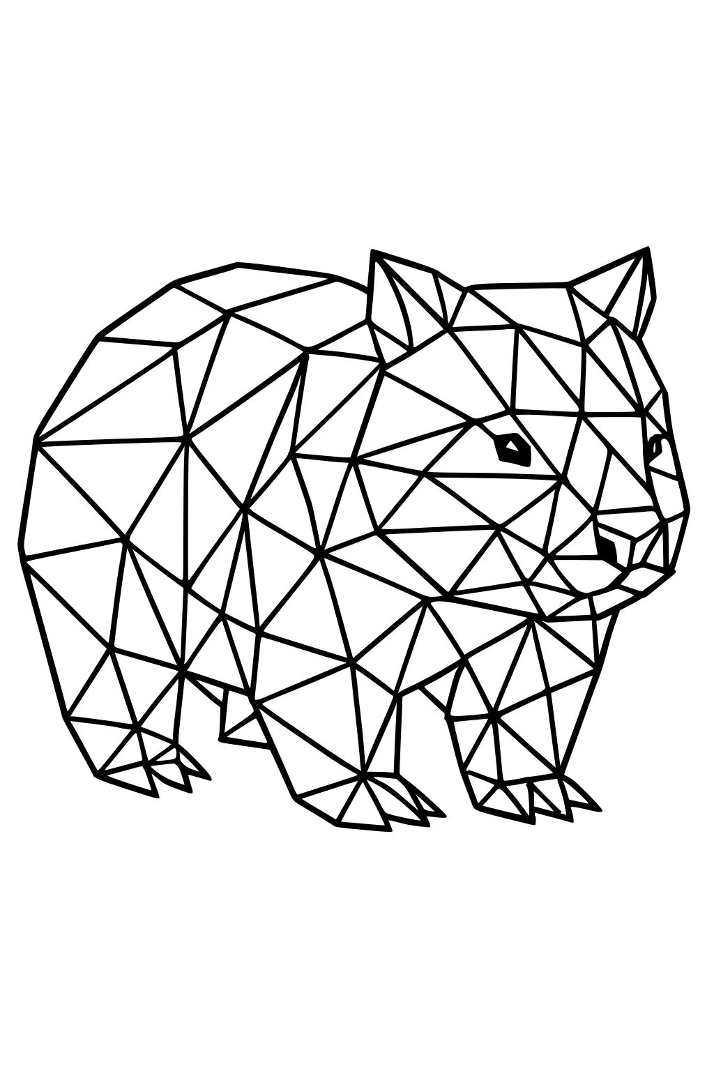 Geometric wombat made of triangles, side view, short legs, pointy ears, round eye, thick black lines, blank background.