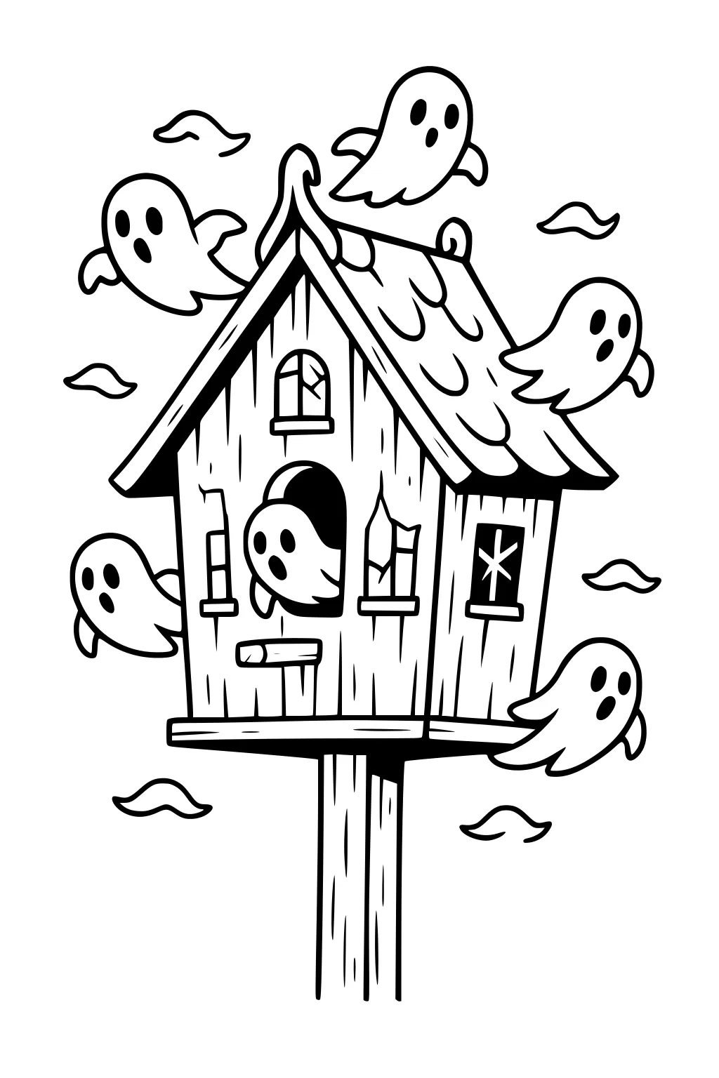 Wooden birdhouse on a tall post with small ghosts floating around and peeking from windows, with wind swirls by the roof.