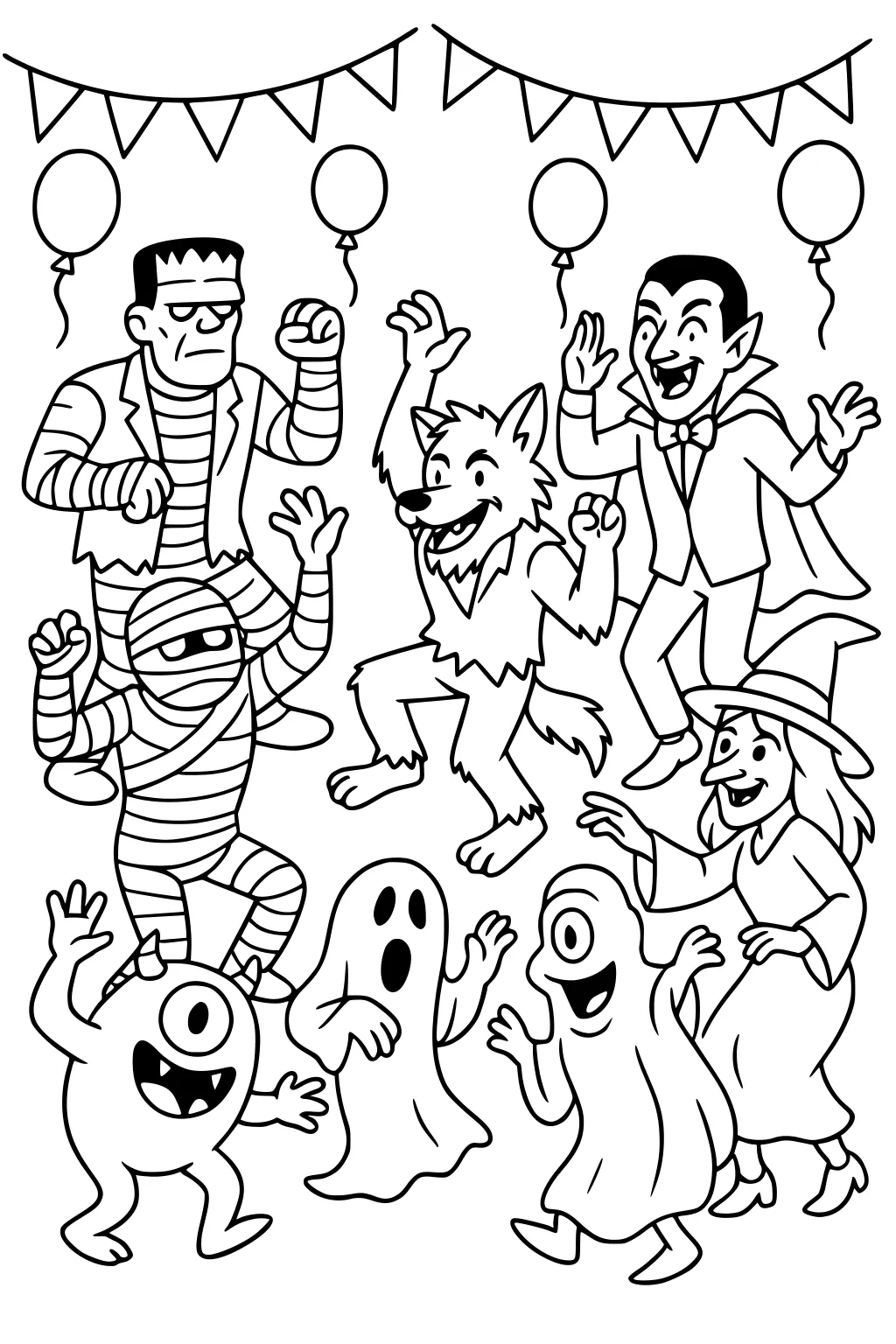 Two ghosts, Frankenstein, mummy, werewolf, vampire, witch, and cyclops monsters dancing under party bunting and balloons.