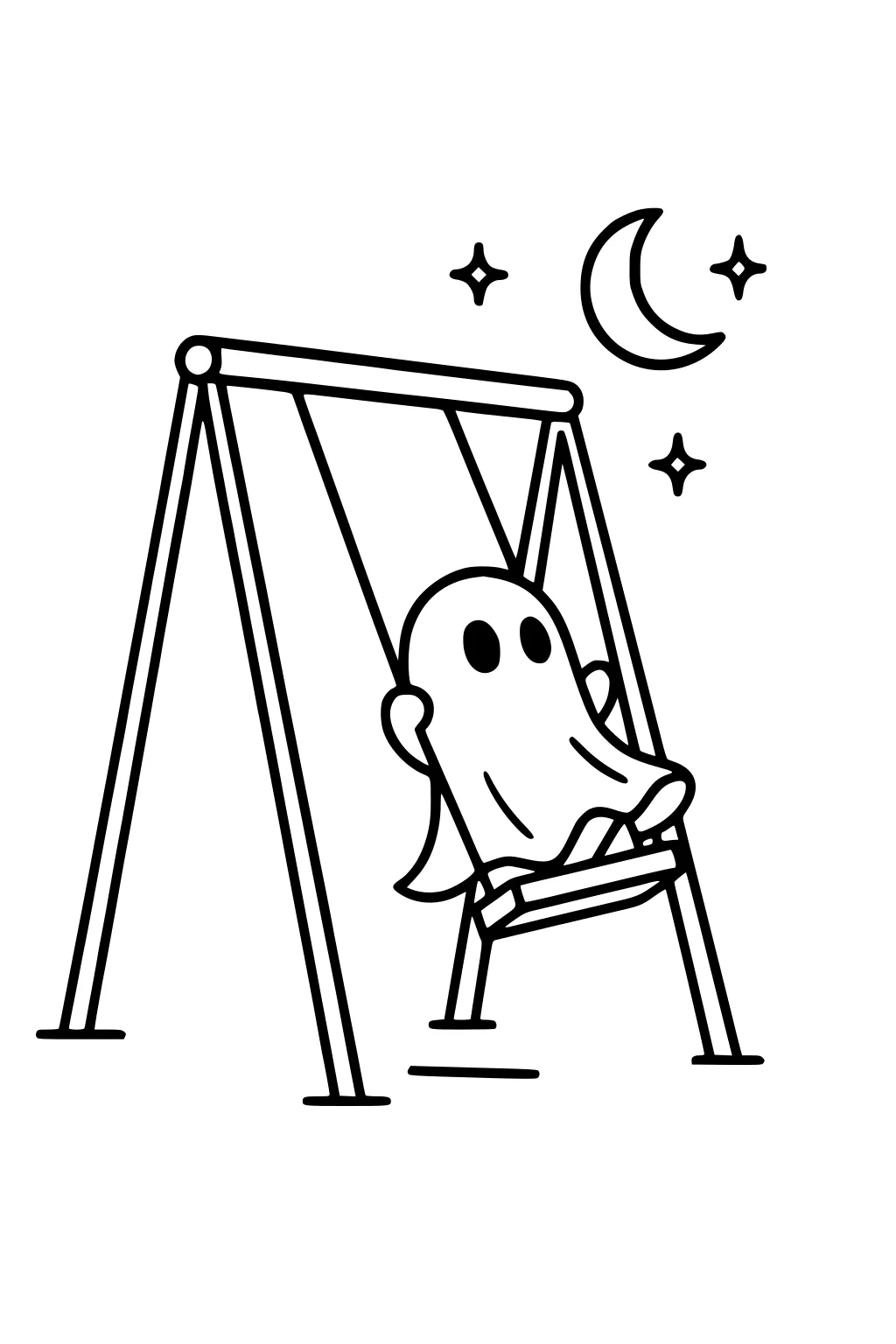 Line art of a small ghost riding a swing under a crescent moon with three stars beside a tall A-frame swingset.