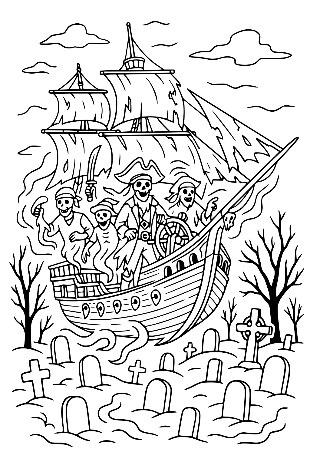 Ghost ship with skeleton pirates floats above a graveyard, torn sails and skull prow, mist, bare trees, clouds, and headstones.