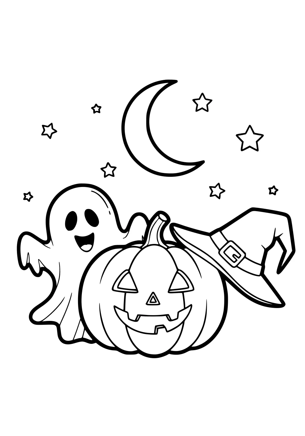 Happy ghost beside jack-o-lantern with witch hat, crescent moon and stars above in simple Halloween line art.