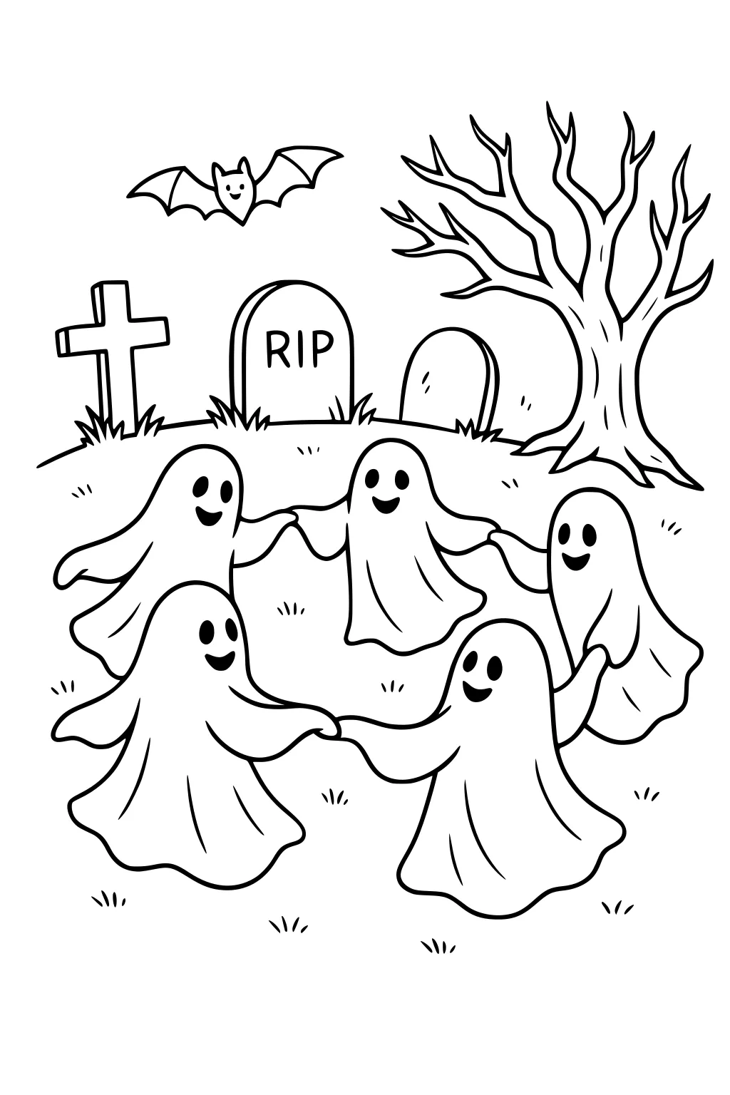 Five friendly ghosts hold hands in a circle in a graveyard with RIP headstones, a bare tree, grass tufts, and a smiling bat overhead.