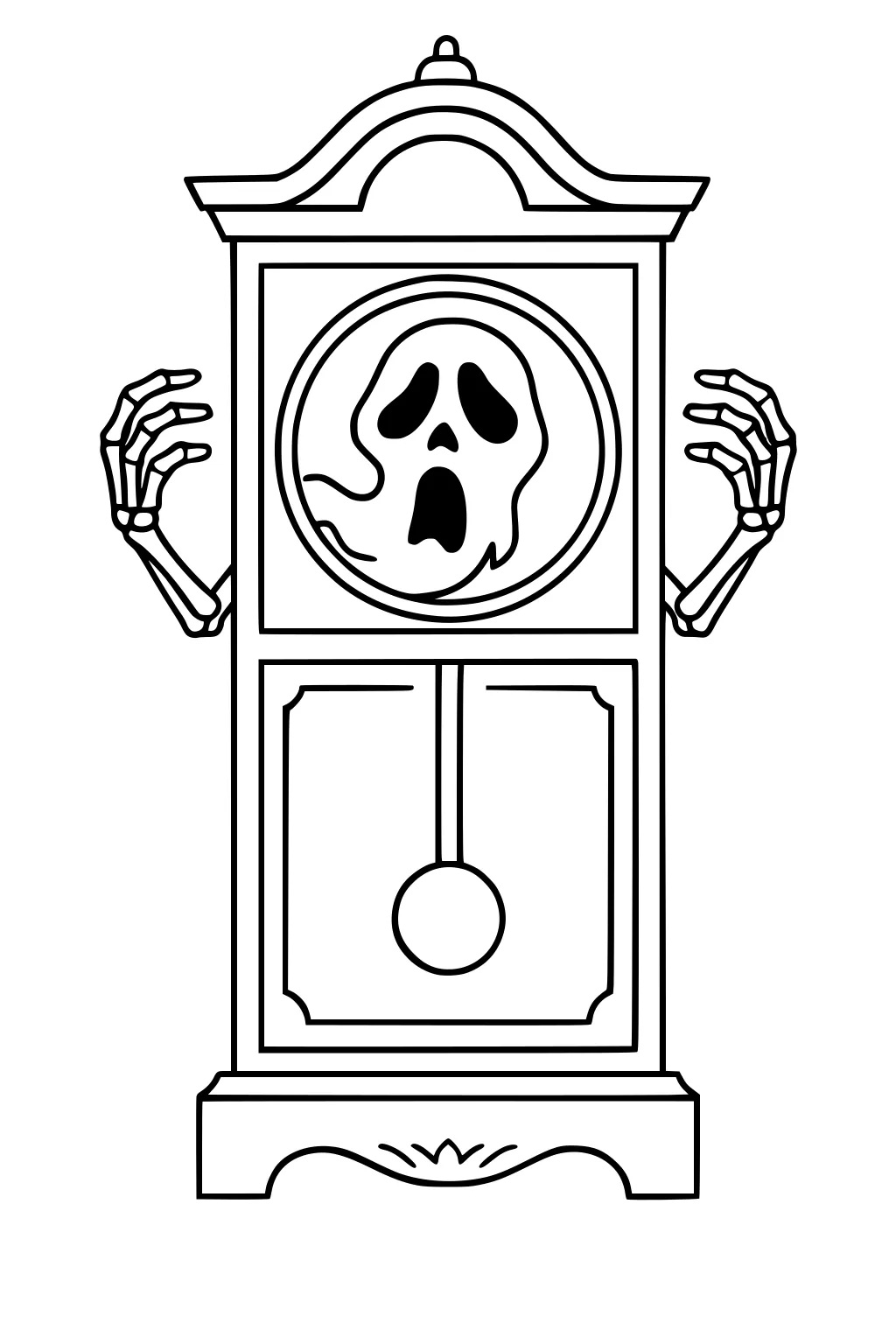 Grandfather clock with a ghost face in the round dial, two skeleton hands creeping from the sides, and a long pendulum hanging below.