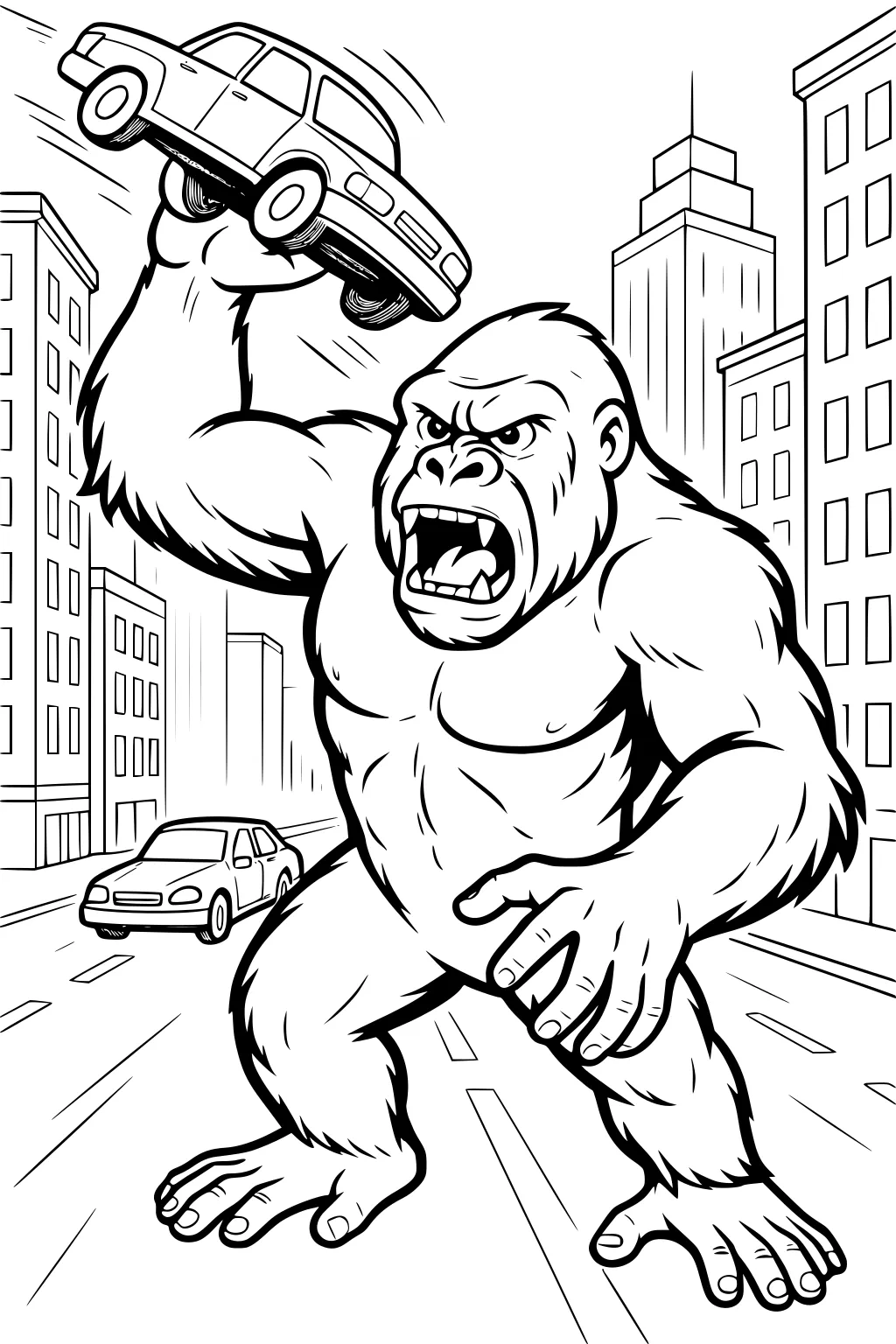 Large gorilla holding a car above his head on a city street with tall buildings and another car below.