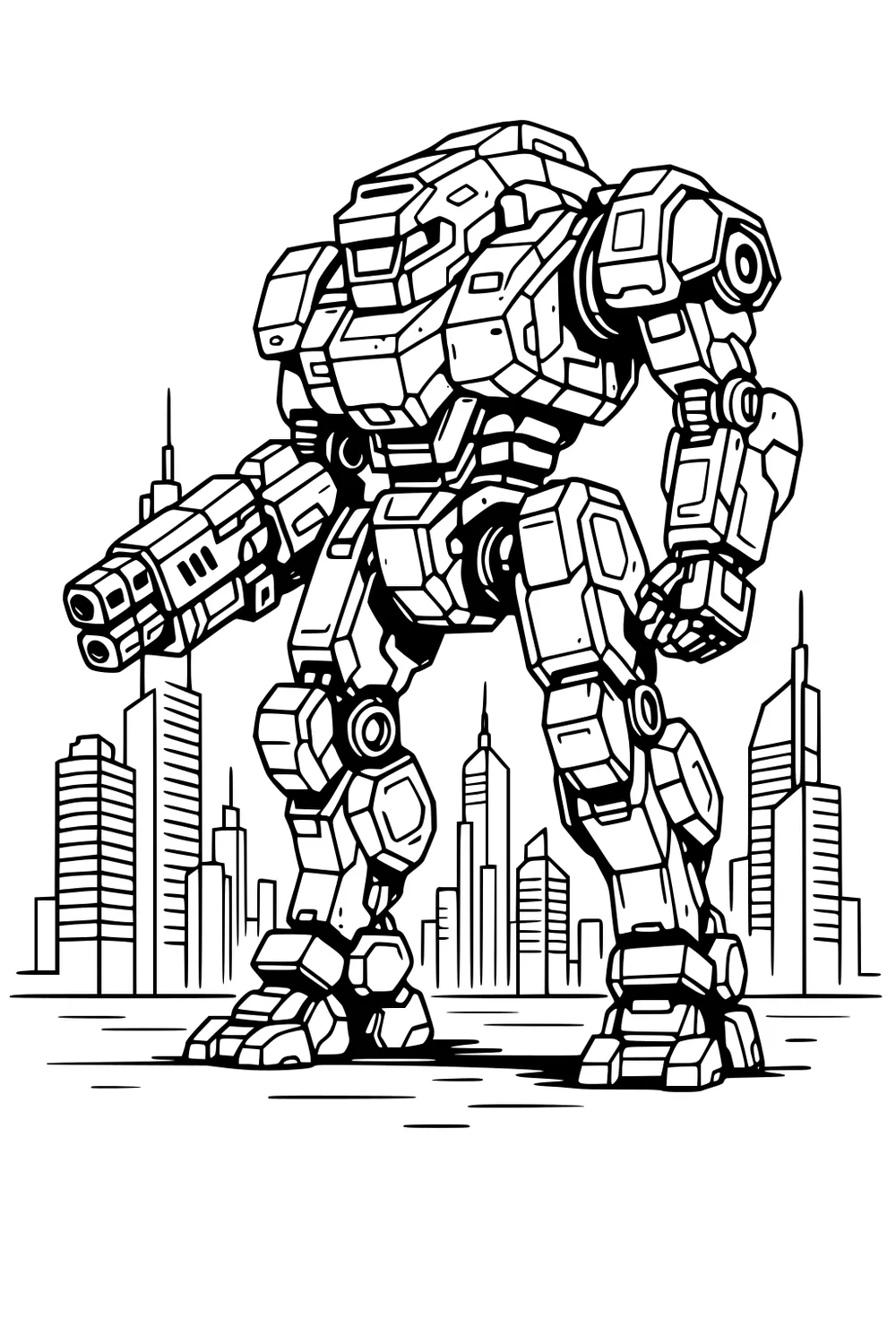 Armored robot mech walking before a city skyline, with blocky panels, round joints, and a tool-like arm on a wide street.