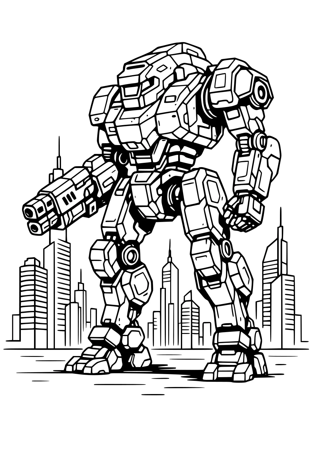 Armored robot mech walking before a city skyline, with blocky panels, round joints, and a tool-like arm on a wide street.