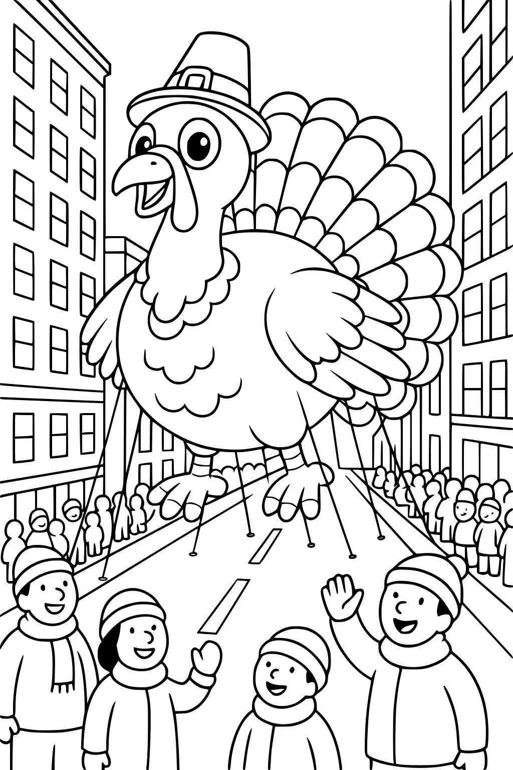 Giant turkey balloon in pilgrim hat over city street; bundled kids wave while crowds line sidewalks between tall buildings.