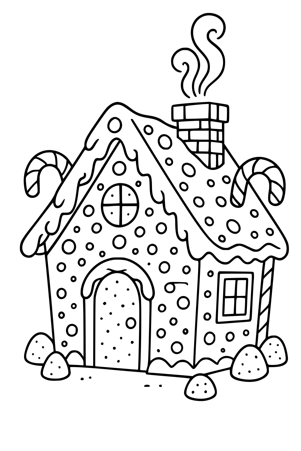 Gingerbread house with icing roof, candy canes, brick chimney with smoke, round and square windows, dotted door, and gumdrops at the base.