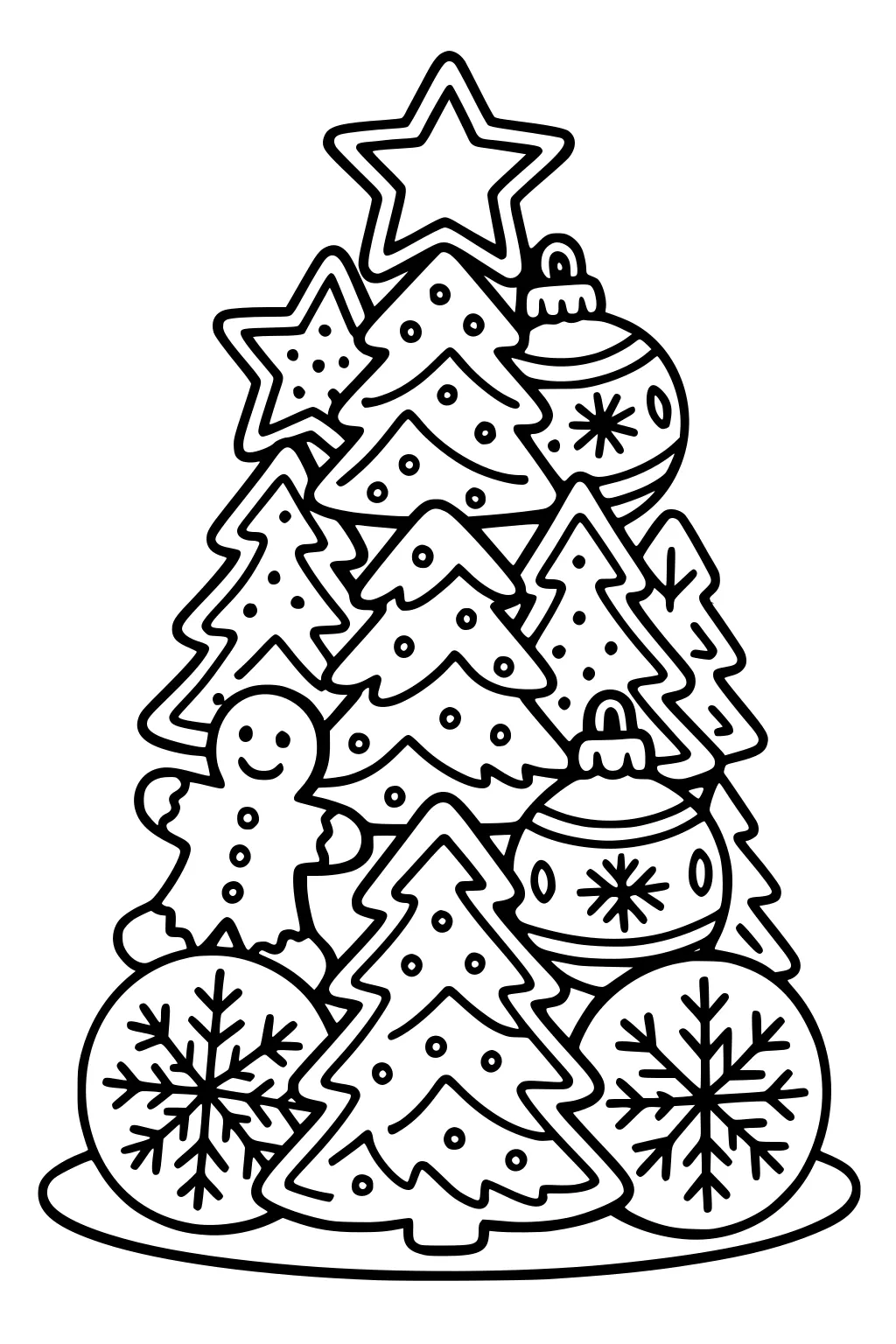 Cluster of Christmas trees with star topper, round snowflake ornaments, and a smiling gingerbread boy on an oval base.