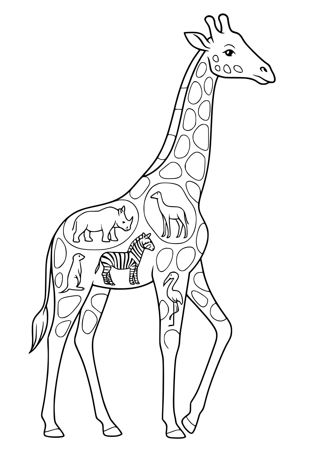 Line drawing of a giraffe with safari animals like zebra, rhino, meerkat, another giraffe, and stork inside its spots.