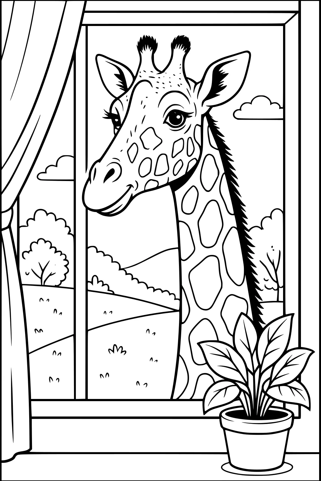 Giraffe's head and neck looking through a window with plant on windowsill and rolling hills outside.