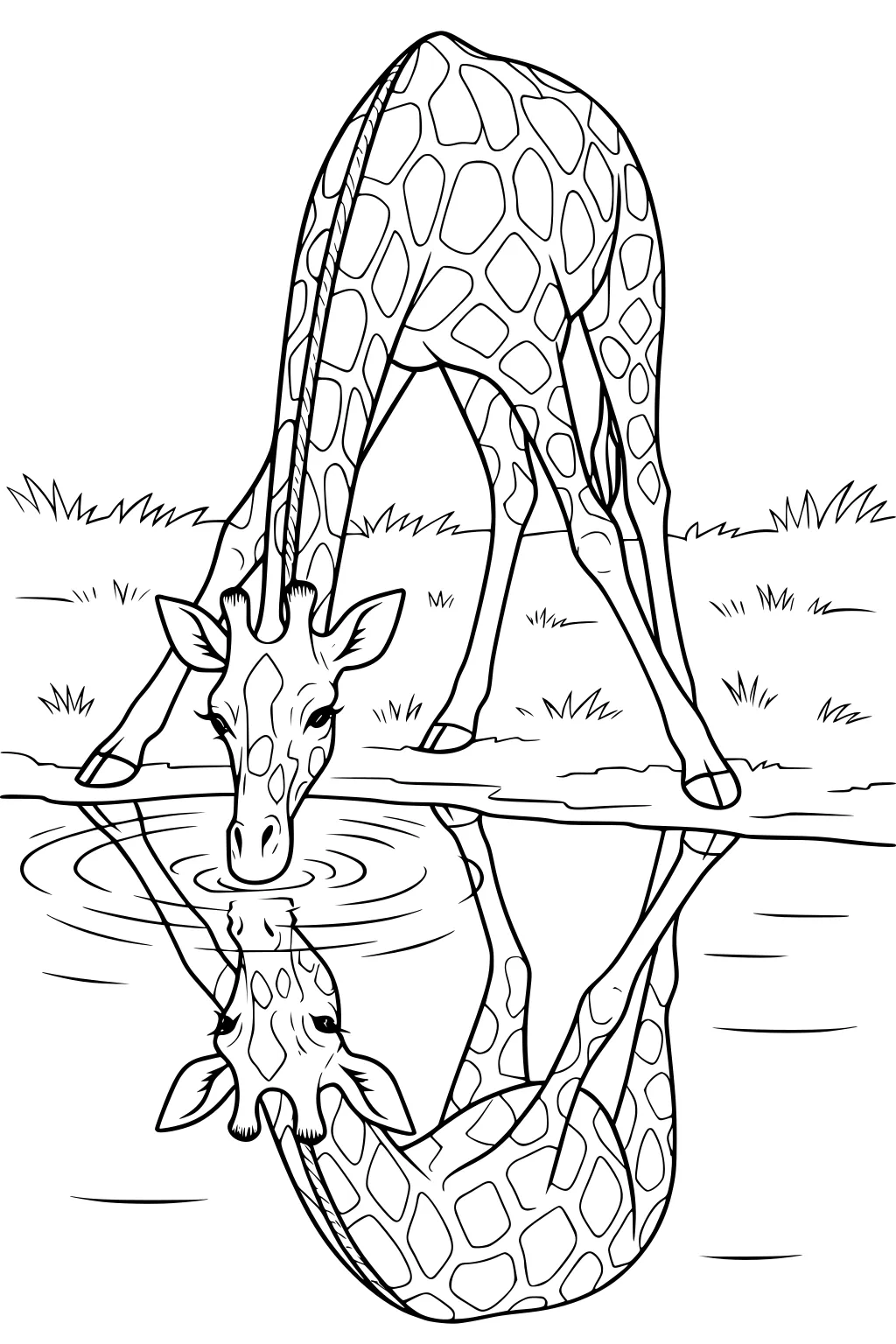 Giraffe bends down to drink from a pond, showing her reflection in the water and grass around her.