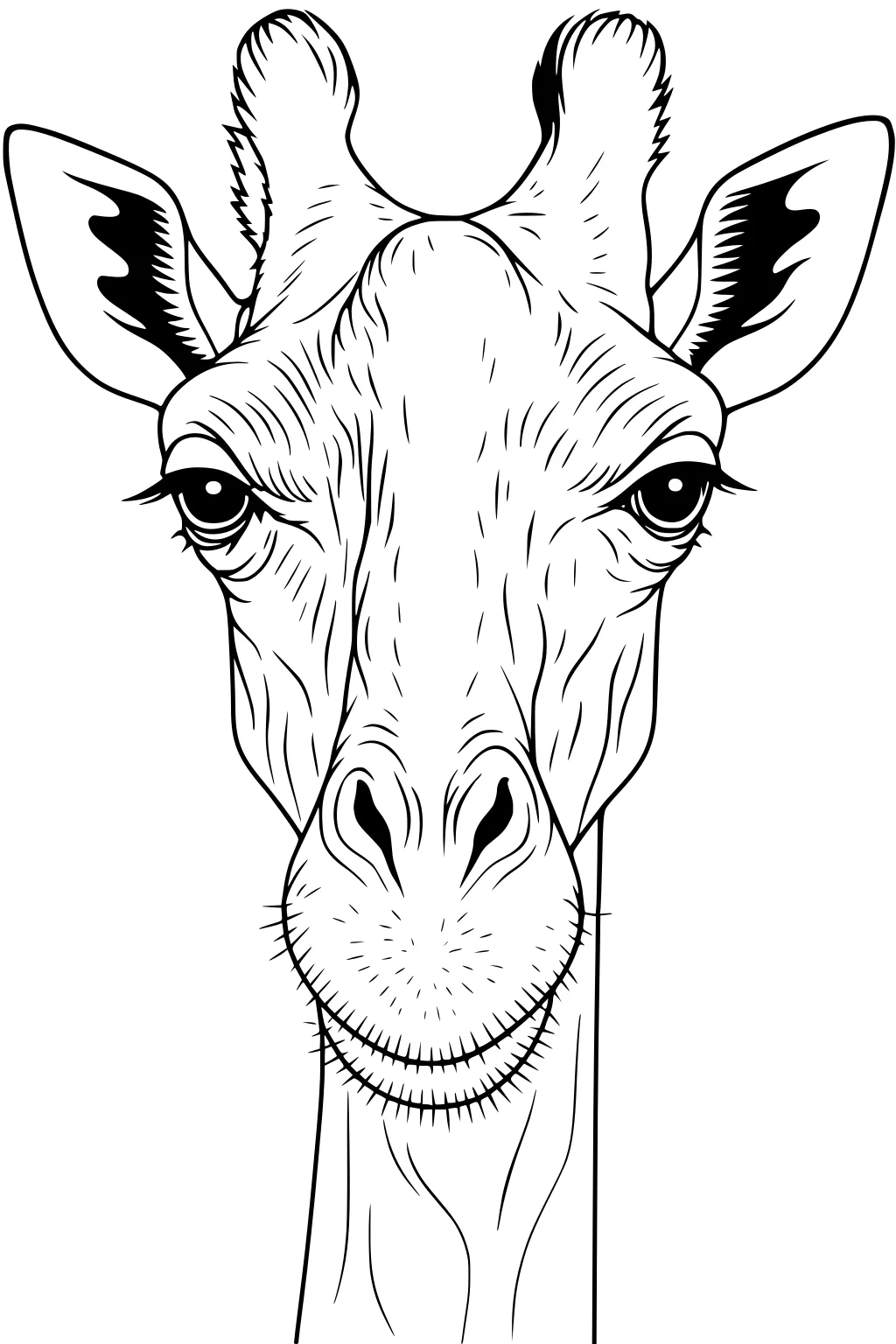 Front view of a giraffe's head with large ears, subtle horns, and detailed facial lines.