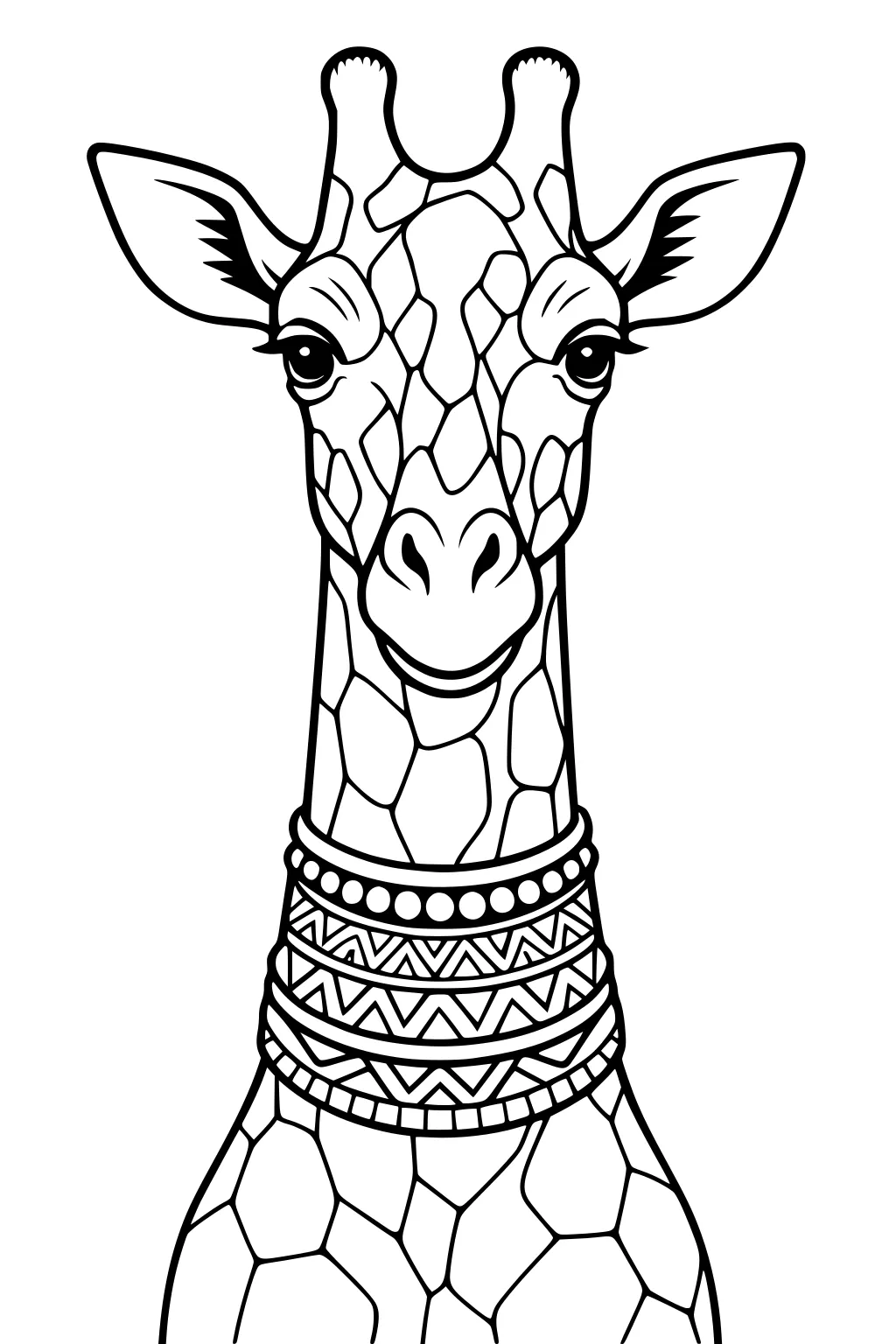 Front-facing giraffe with three patterned necklaces and patchy skin shapes, looking forward with big ears.