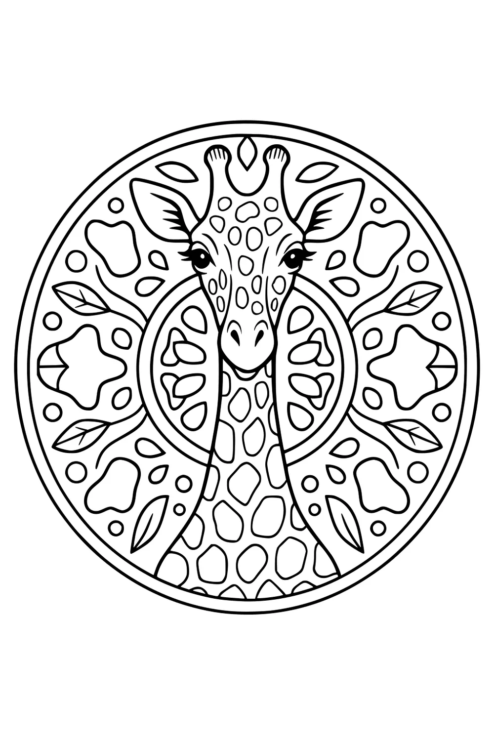 Giraffe head with long neck in a round leafy mandala frame with flowers and spots.