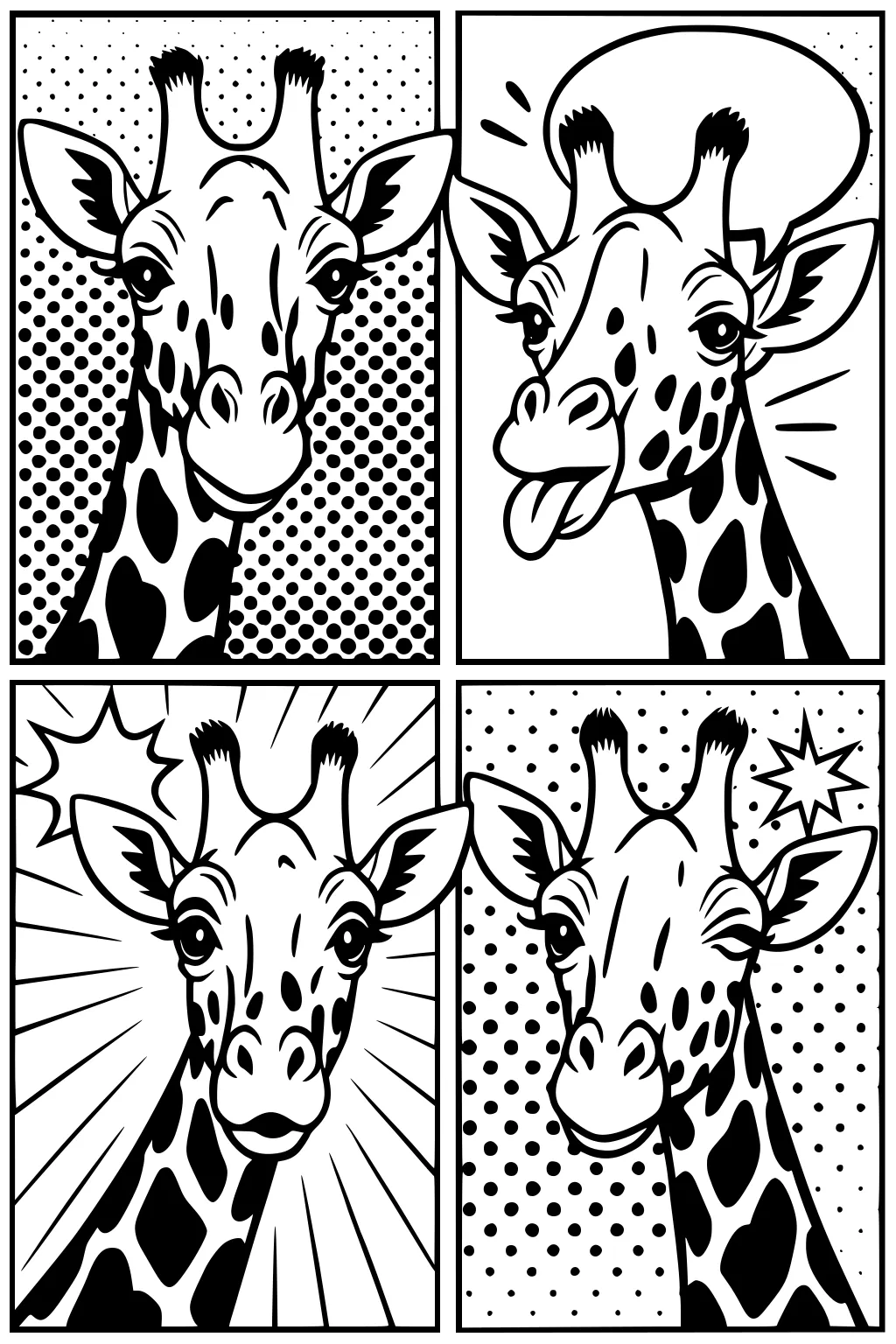 Four comic strip panels each showing a giraffe with a different funny face and bold graphic backgrounds.