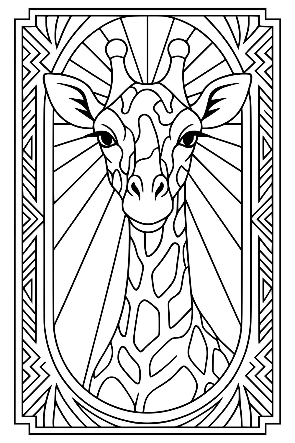 Giraffe with patterned spots and sunburst background inside a geometric border, facing forward.