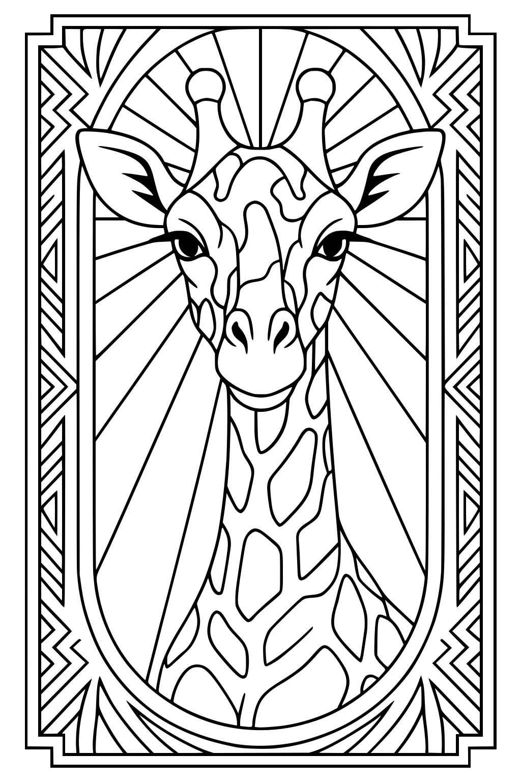 Giraffe with patterned spots and sunburst background inside a geometric border, facing forward.