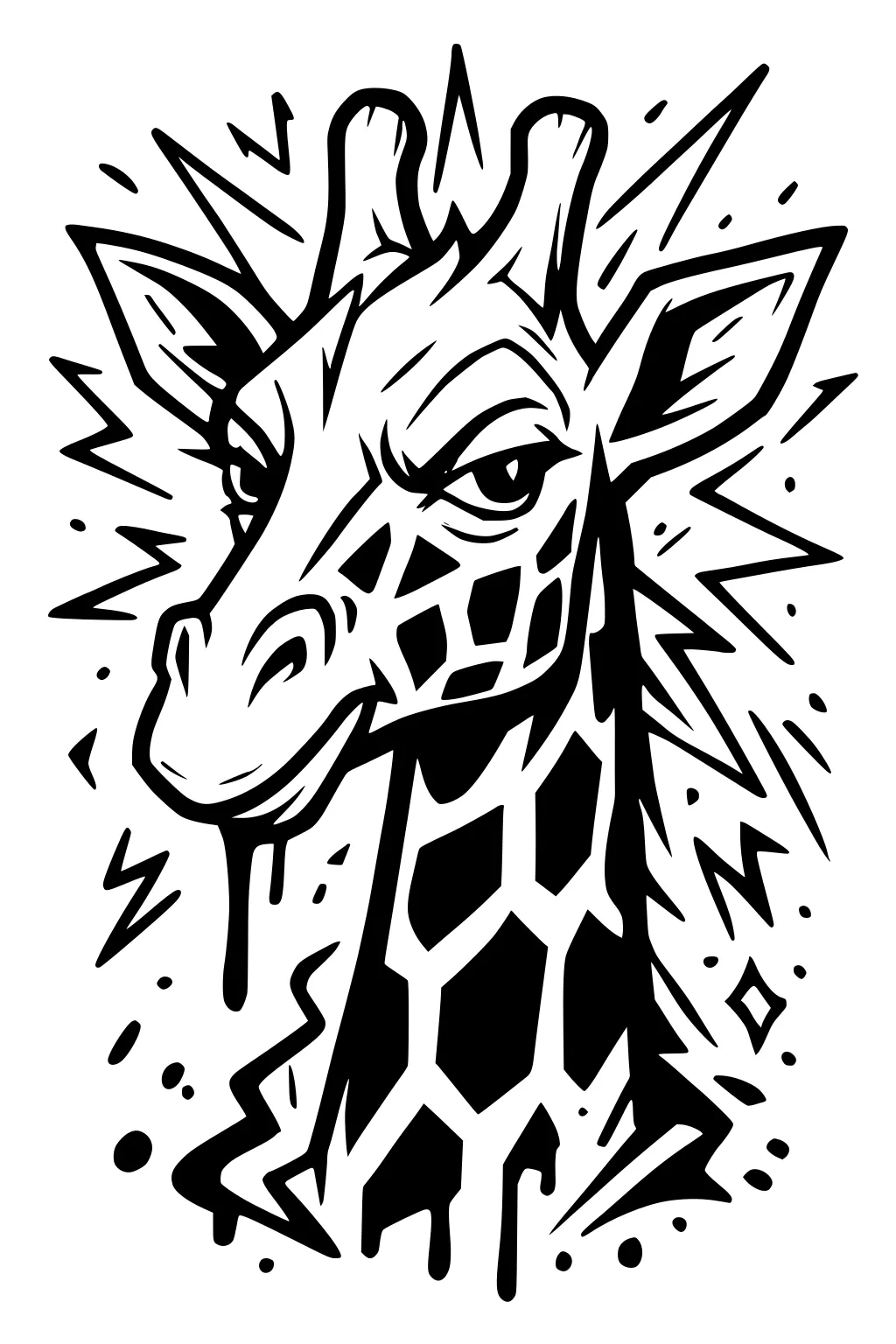 Cartoon giraffe head with spotted neck and jagged comic shapes in the background, drawn in bold black lines.