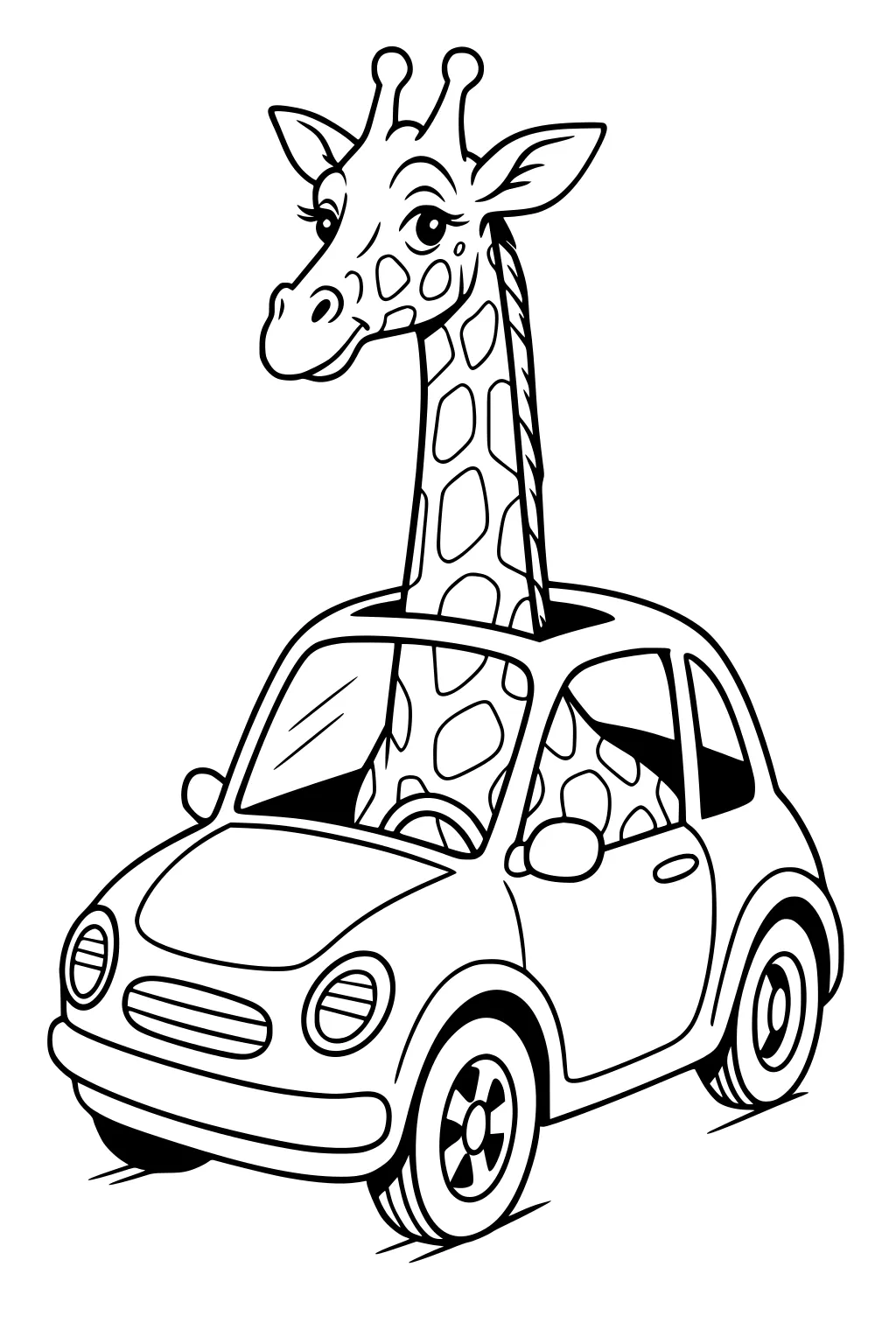 Giraffe with long neck driving a cartoon car, head poking through the roof, smiling forward.