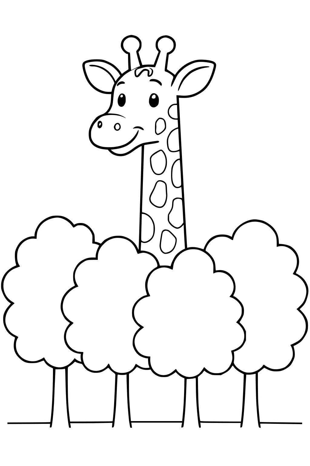 Smiling giraffe with long neck and spots poking above five leafy trees in a row