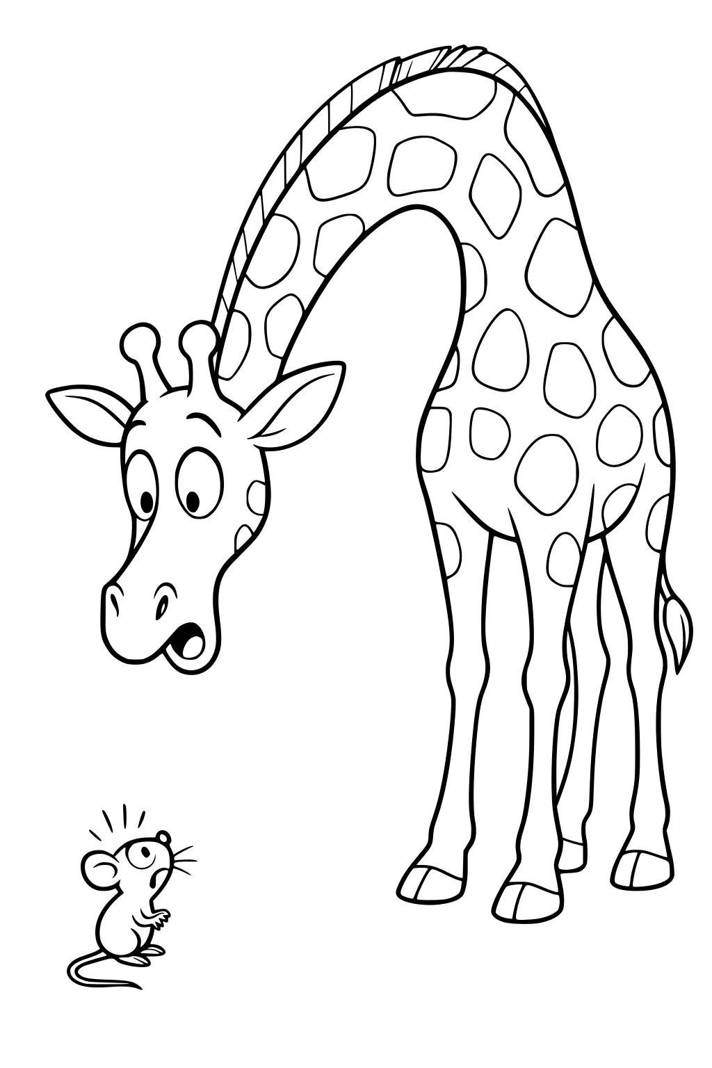 Cartoon giraffe with long neck bending to look at surprised mouse sitting below