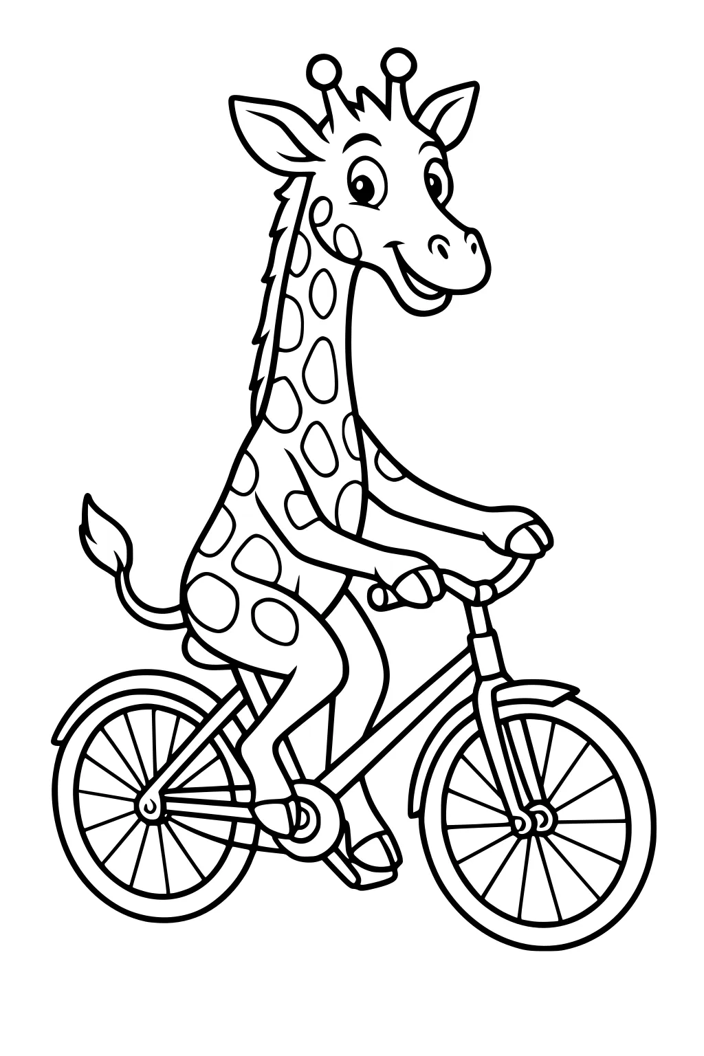 Cartoon giraffe with big spots riding a bicycle and smiling