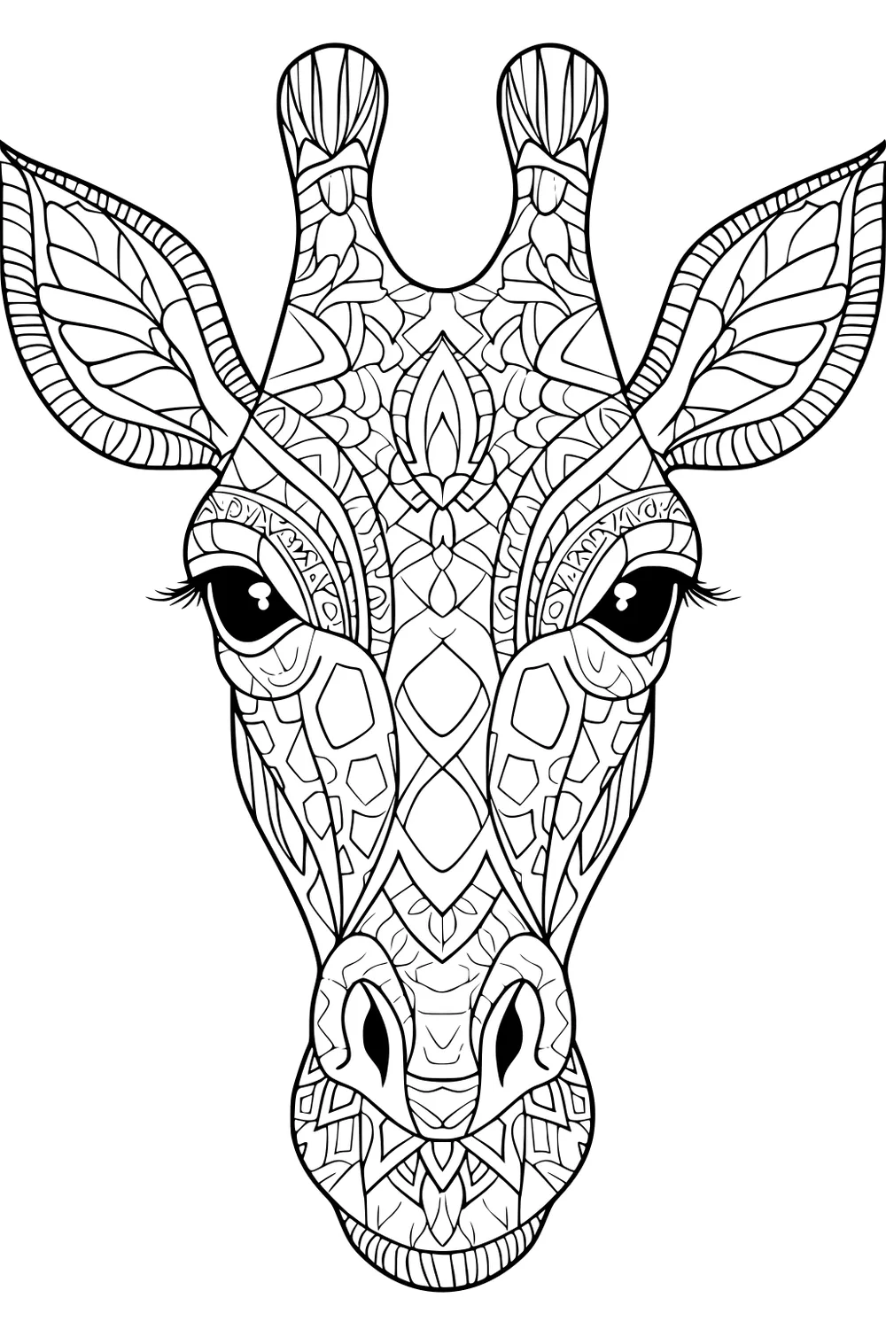 Mandala giraffe face with large ears, patterned fur, and intricate designs for coloring.