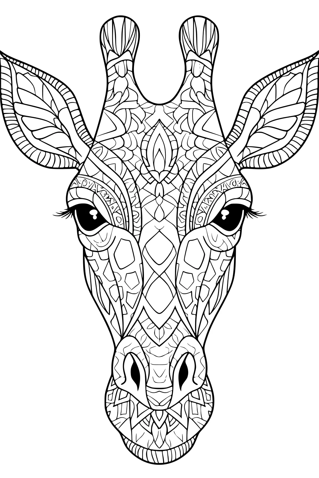 Mandala giraffe face with large ears, patterned fur, and intricate designs for coloring.