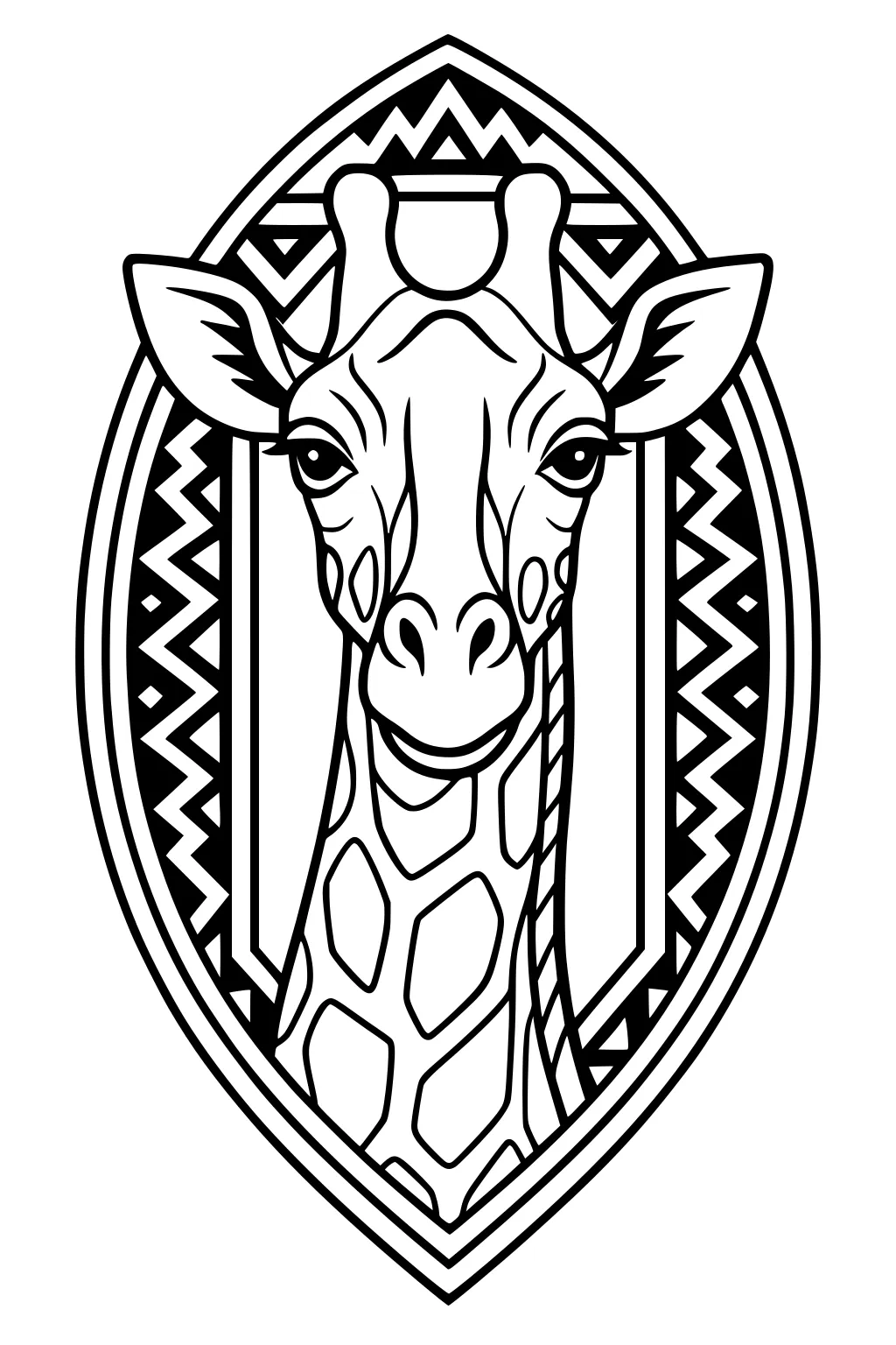 Giraffe head with long neck inside a zigzag patterned oval frame, large ears and detailed face, ready to color.