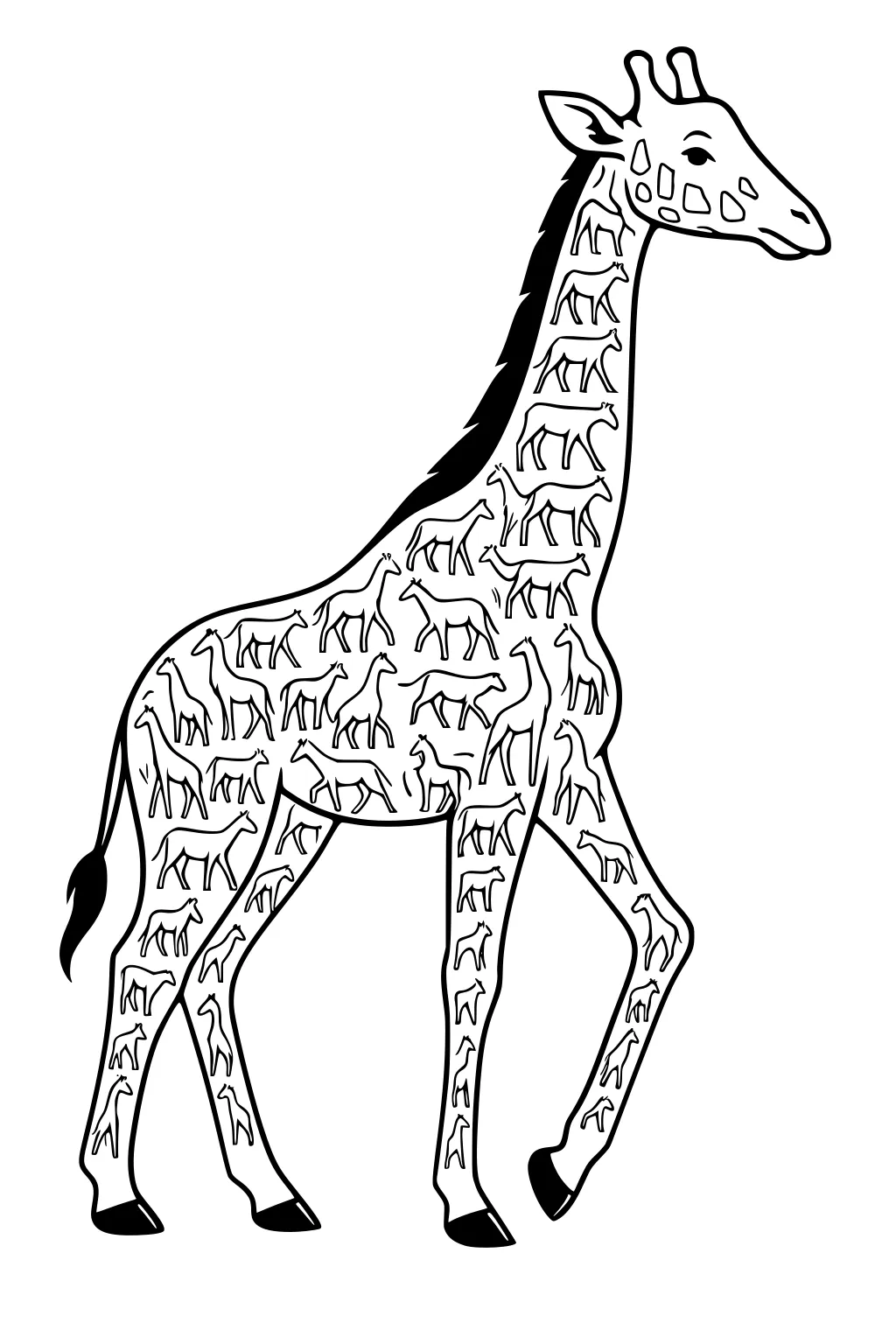 Outline drawing of a large giraffe filled with many small giraffe shapes arranged across her body.