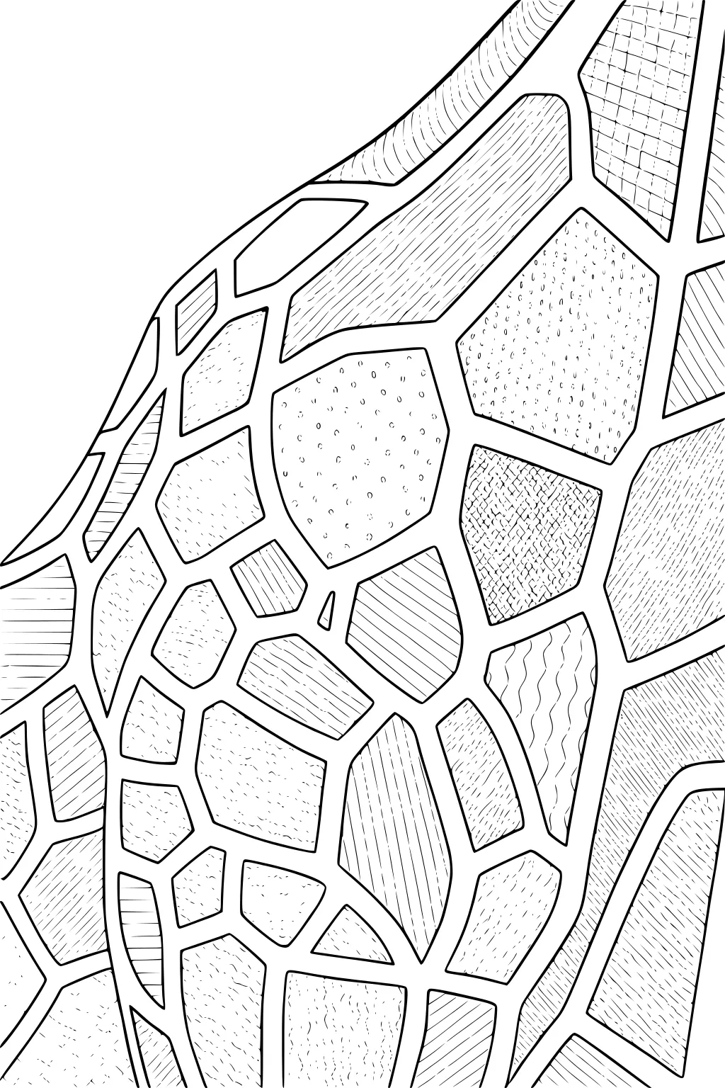 Giraffe neck covered with large, oddly shaped patches filled with stripes, dots, and wavy patterns.