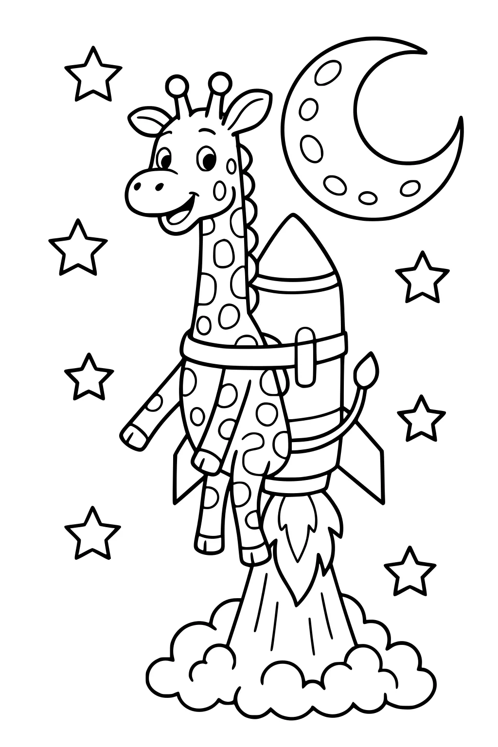 Cartoon giraffe strapped to a rocket ship, smiling, flying among stars and a crescent moon.