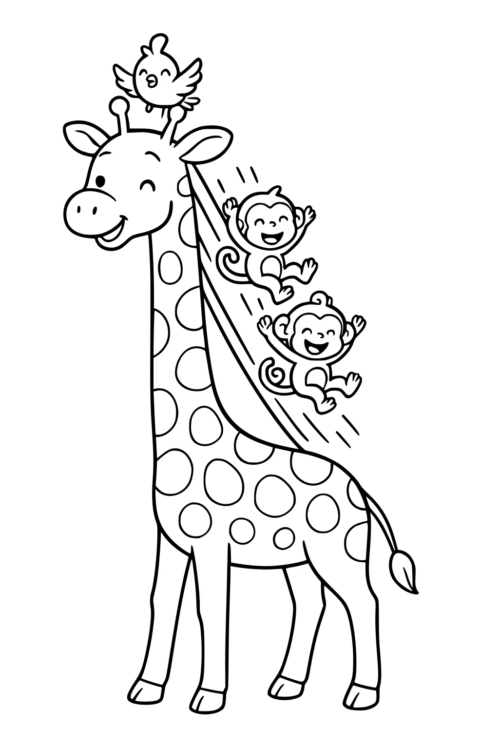 Giraffe with big spots, two monkeys sliding down her neck, and a bird sitting on her head.