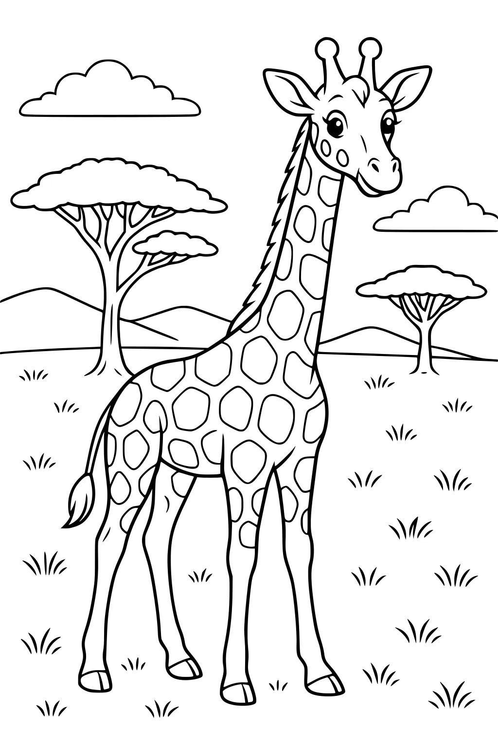 Smiling giraffe stands on grassy savanna with spotted coat, acacia trees, and clouds in the background.
