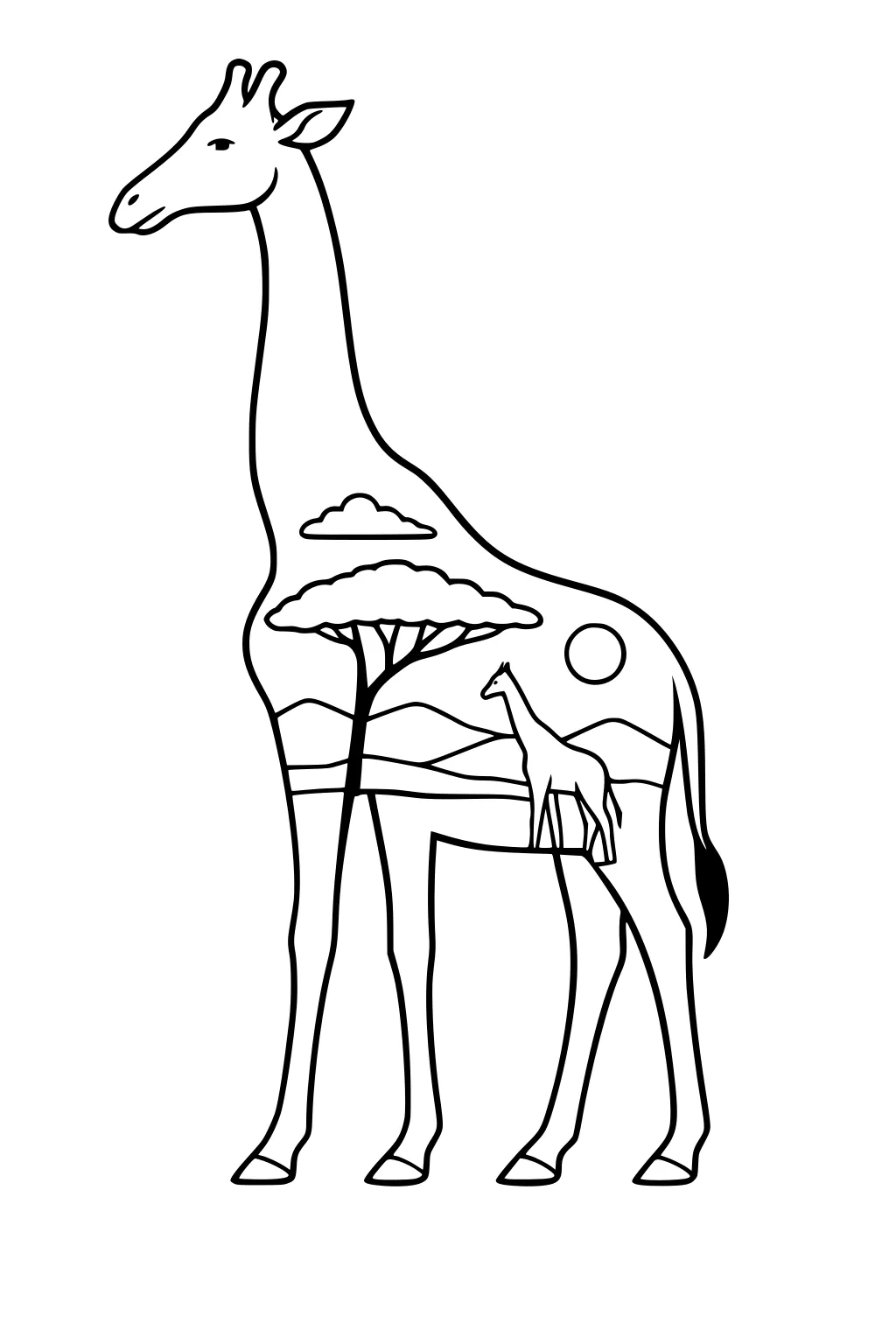Large outlined giraffe with a savanna scene inside its body, including a tree, sun, clouds, hills, and a smaller giraffe.