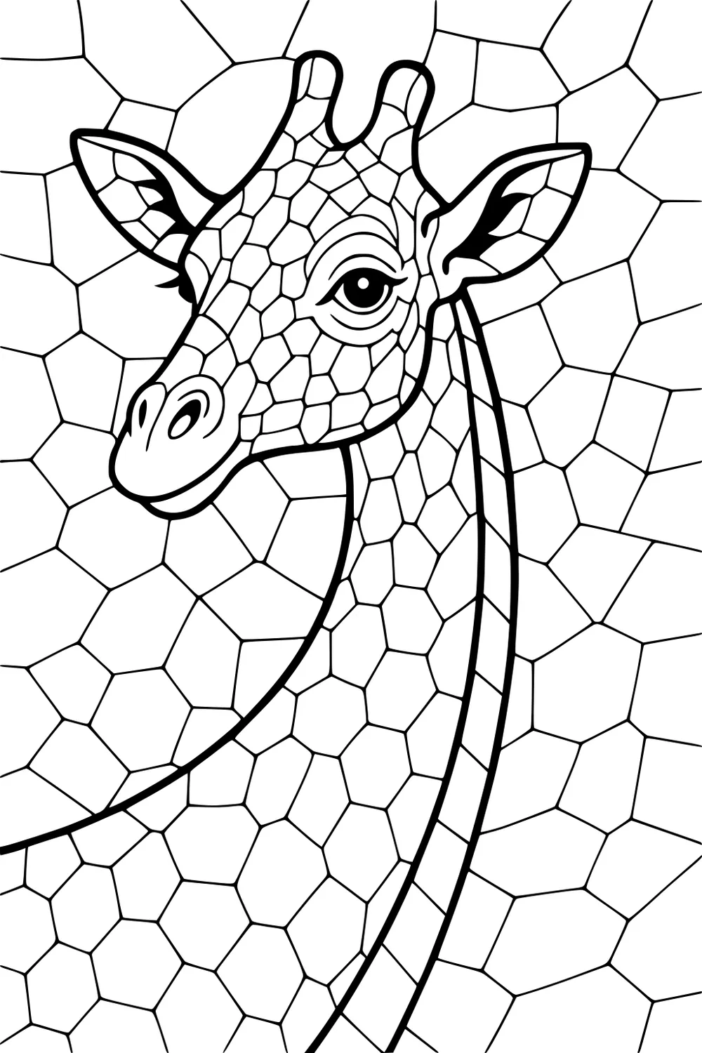 Giraffe head and neck with large cell-like spots, surrounded by a background of irregular polygon shapes.