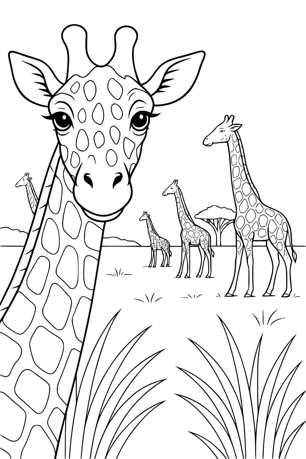 Close-up of a giraffe's face and neck with three other giraffes and trees in the grassy savanna background.