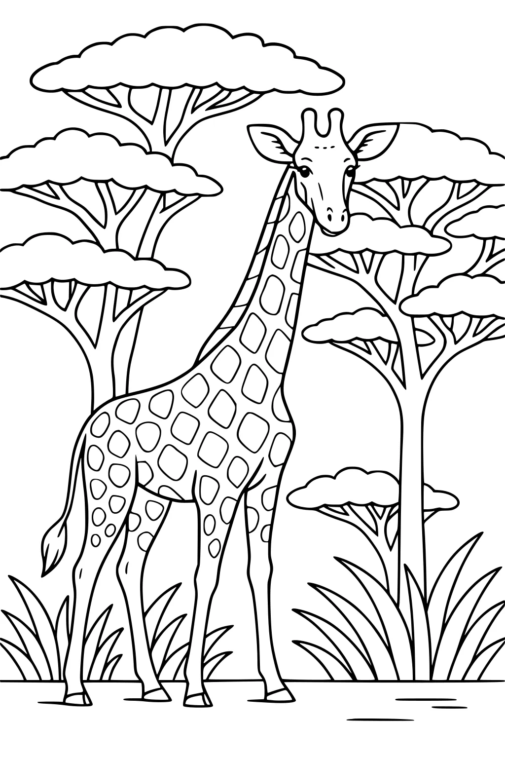 A giraffe with large spots stands in grass with several umbrella-shaped trees in the background.