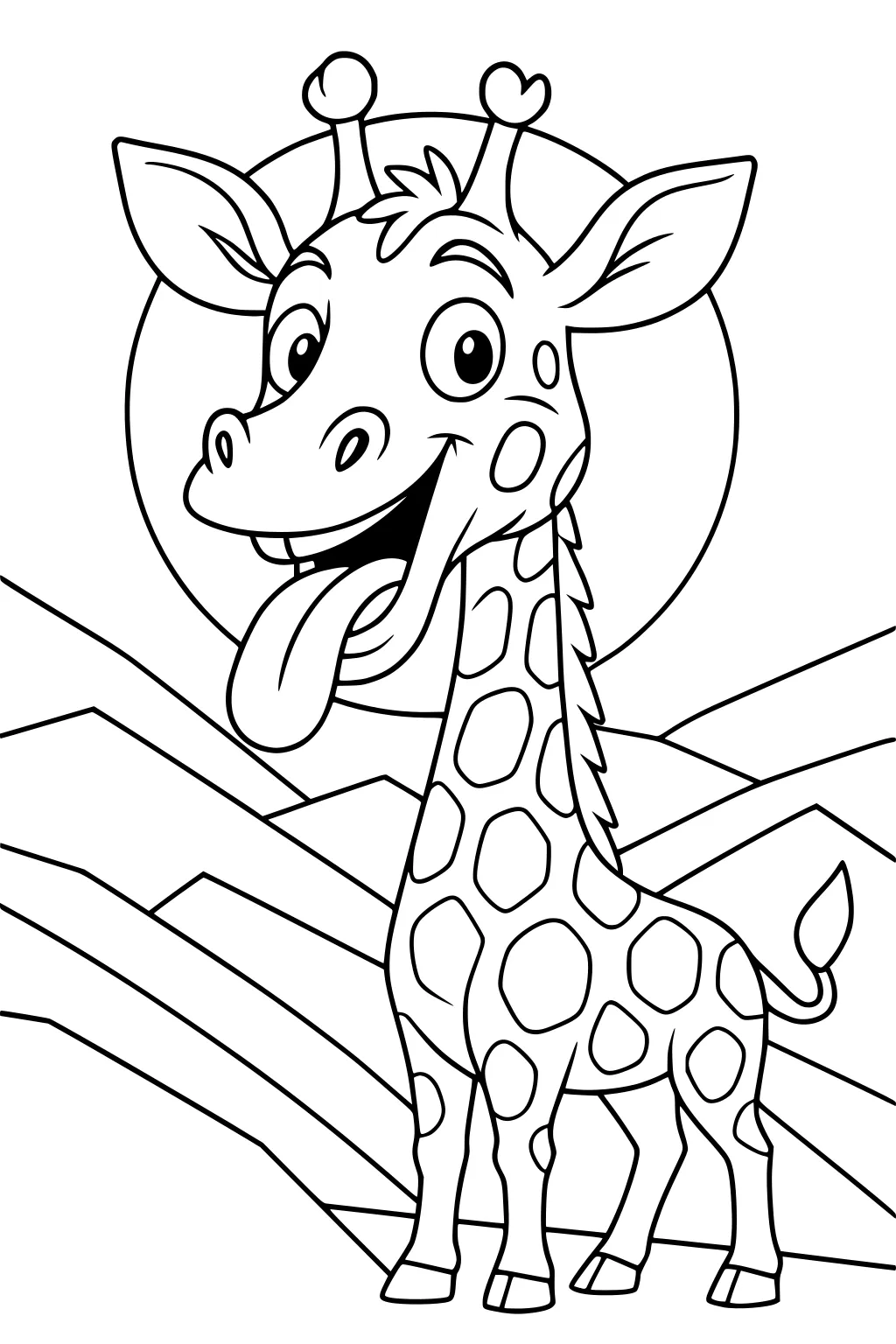 Cartoon giraffe with spots and tongue out, standing in front of sun and mountains.