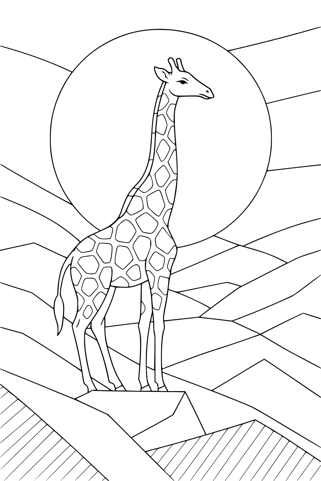 Giraffe standing on rocks with sun and hills in the background, outlined in a simple, cartoon style.