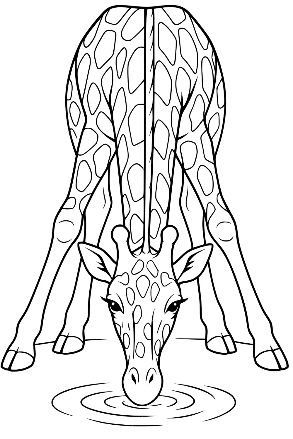 Giraffe with legs spread apart, neck bent low, drinking from rippling water, covered in large spots.