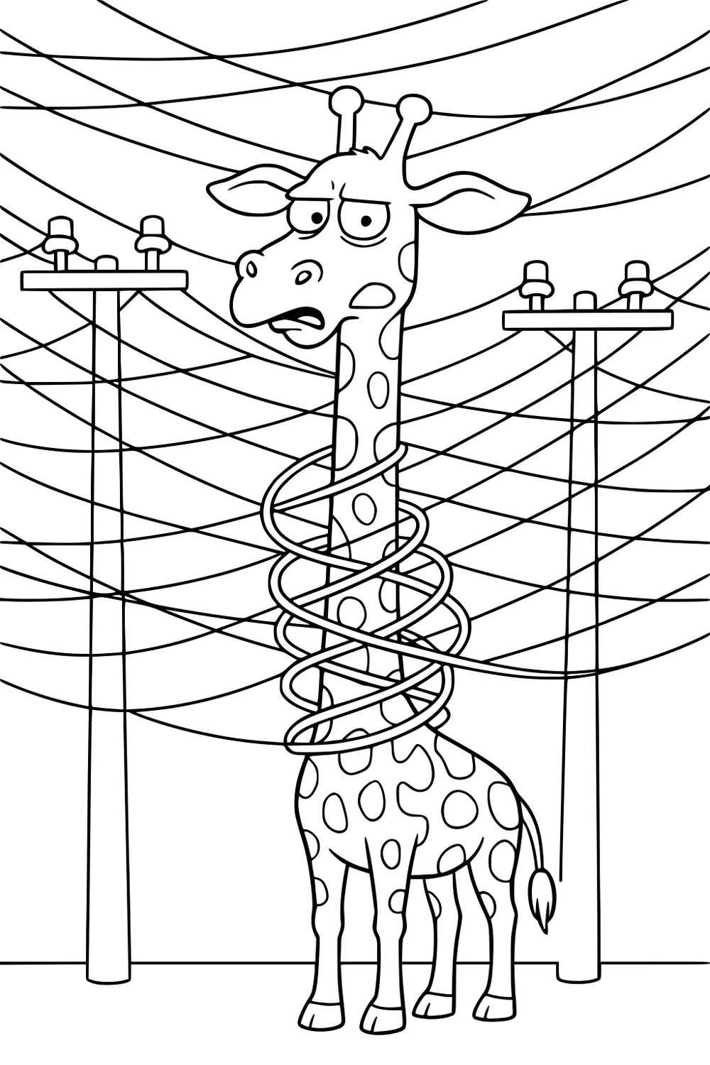 A confused giraffe stands between telephone poles with wires wrapped around its neck and body.