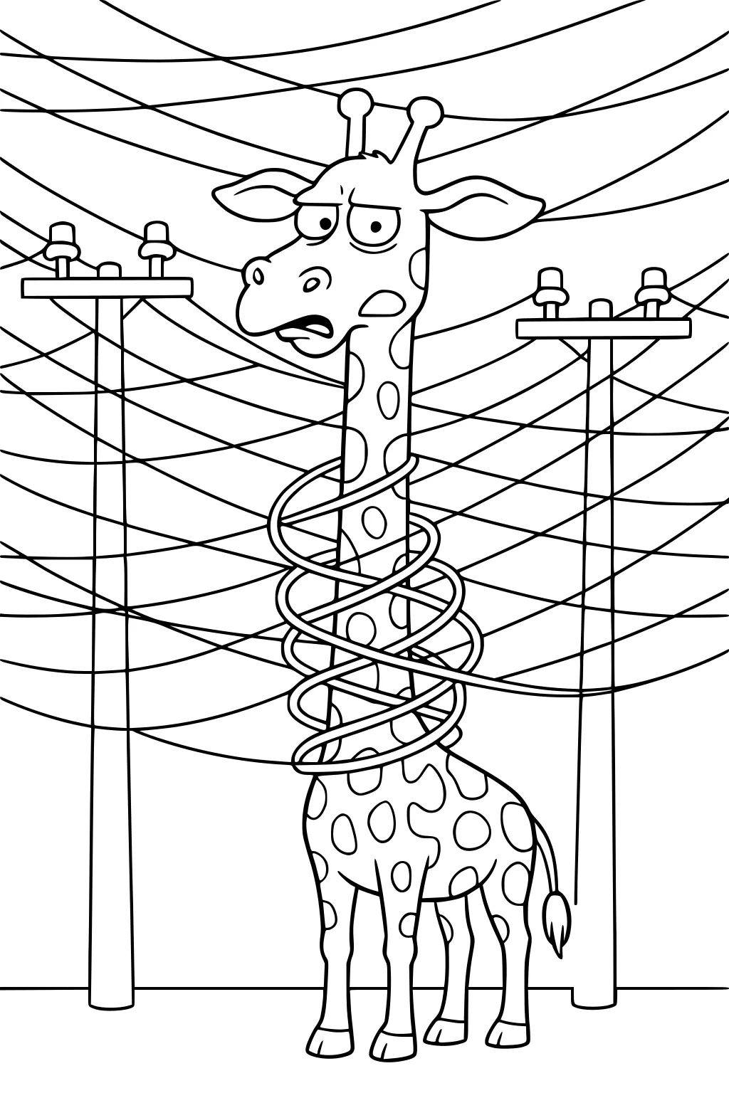 A confused giraffe stands between telephone poles with wires wrapped around its neck and body.