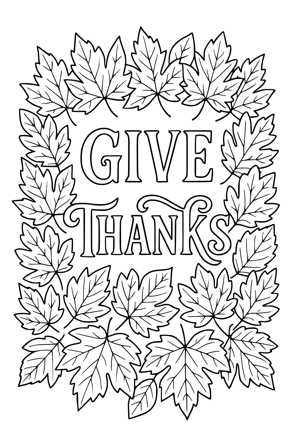 Give Thanks in large decorative letters surrounded by a border of outlined maple leaves; simple Thanksgiving fall line art for kids.