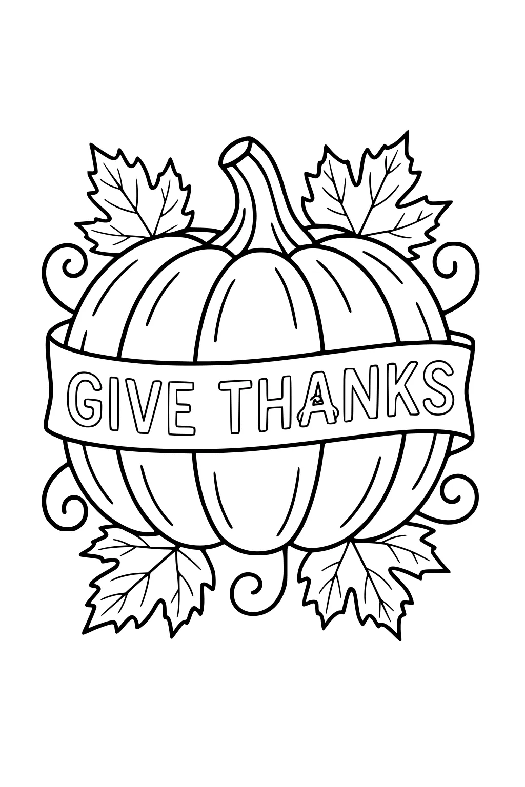 Pumpkin with a Give Thanks banner, surrounded by maple leaves and curly vines, outlined for coloring.