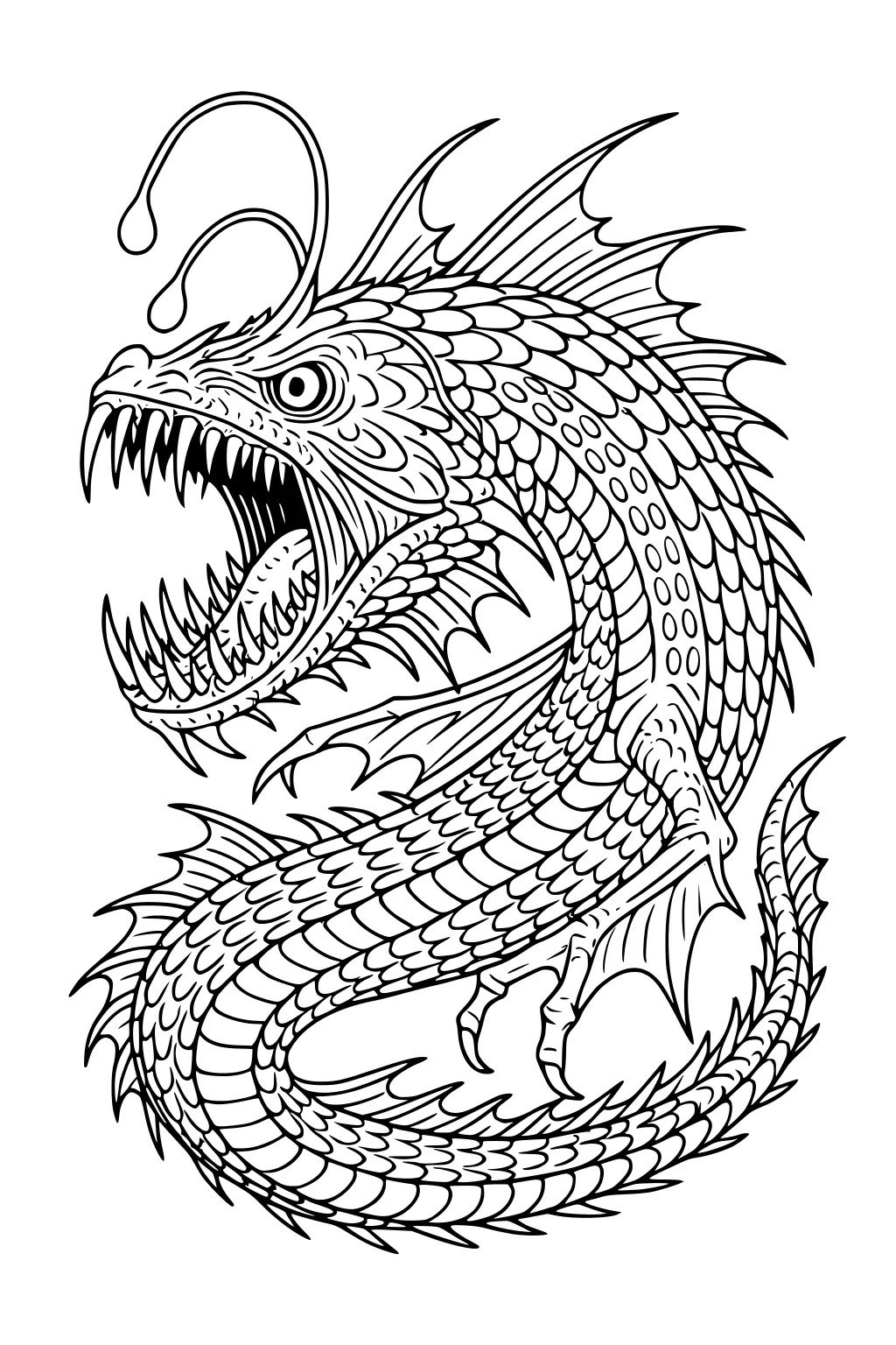 Coiled sea dragon with angler-like head lures, sharp teeth, round eye, spiky fins, webbed forelimb, and layered scales in detailed line art.
