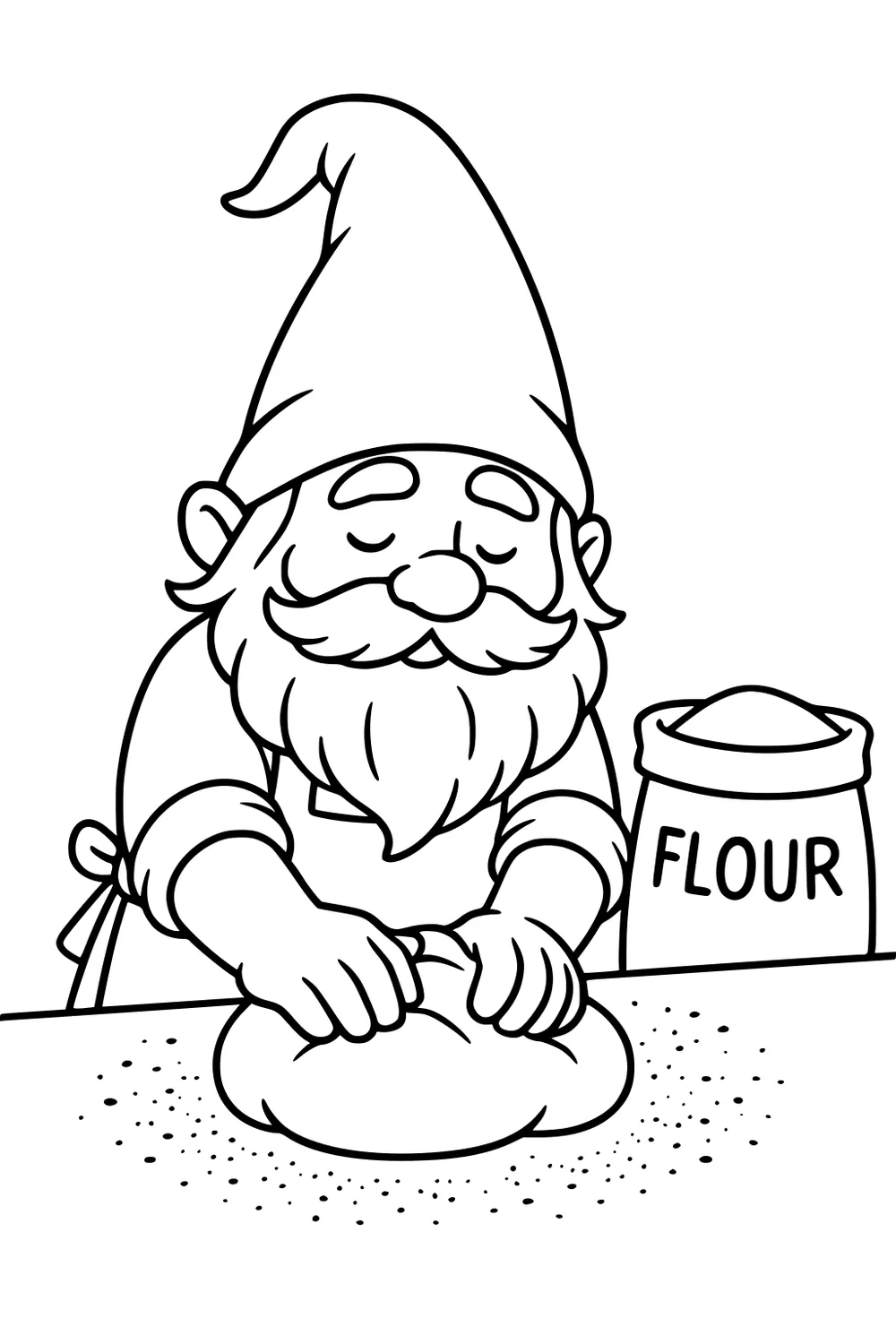 Gnome baker with long beard kneads dough on a table beside a flour bag, eyes closed, wearing a tall hat and apron.